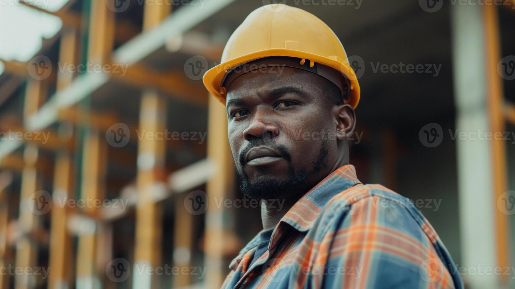 Male builder in a helmet with tools at work, photo of man constructor for Labor Day