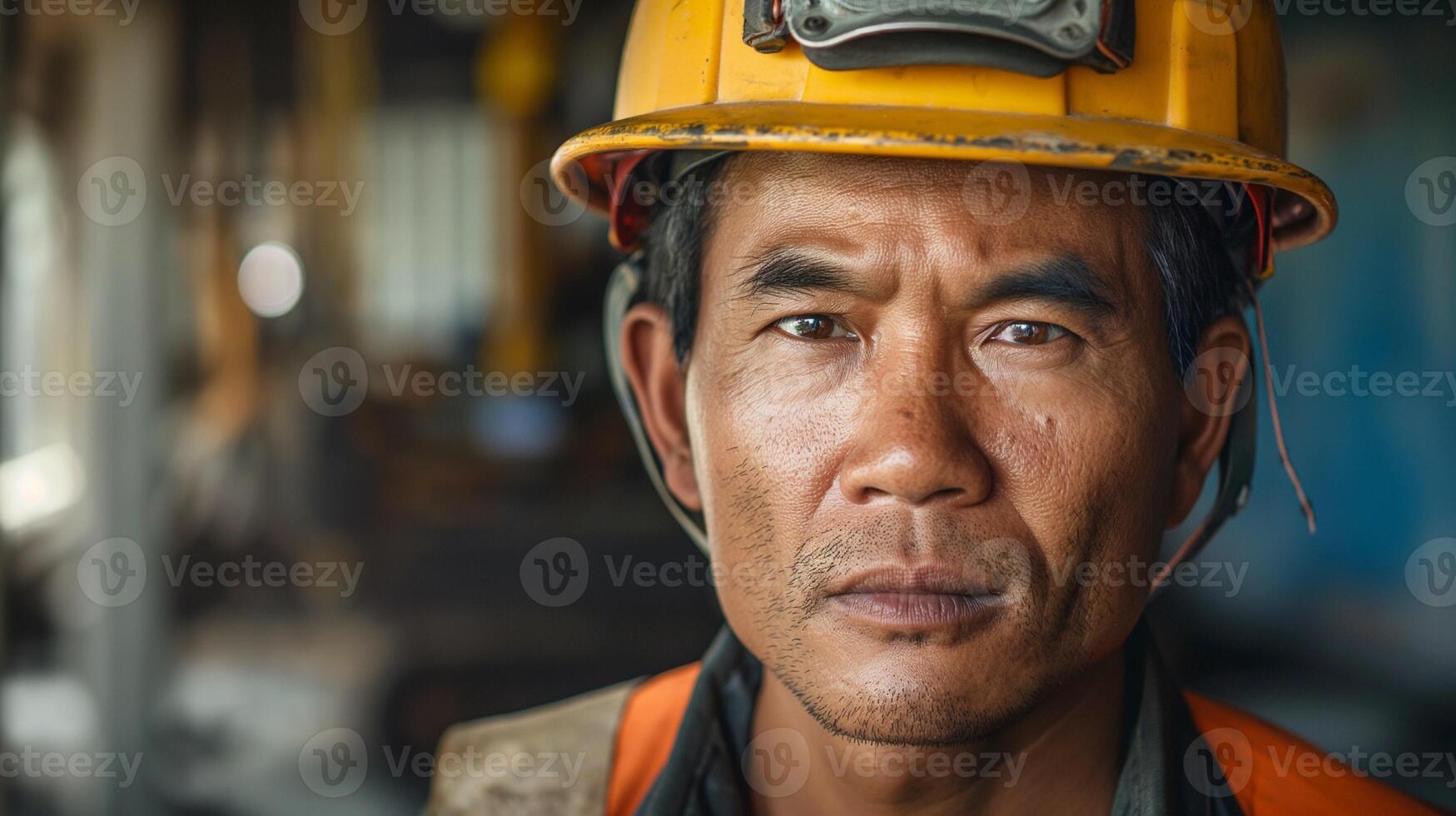 Male builder in a helmet with tools at work, photo of man constructor for Labor Day