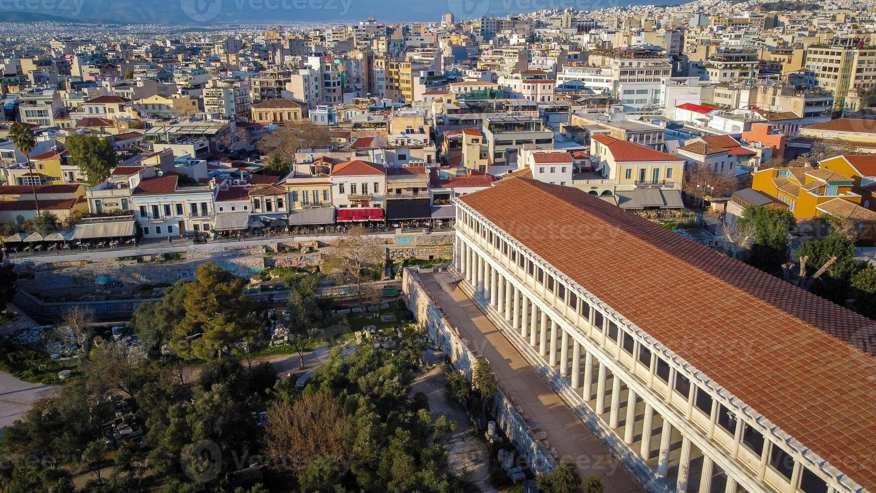 Stoa of Attalus, a completely renovated structure of Greek civilization, in the Agora in Athens. It attracts tourists for its Agora museum and the wonder of classical Greek art. Aerial view Agora park photo