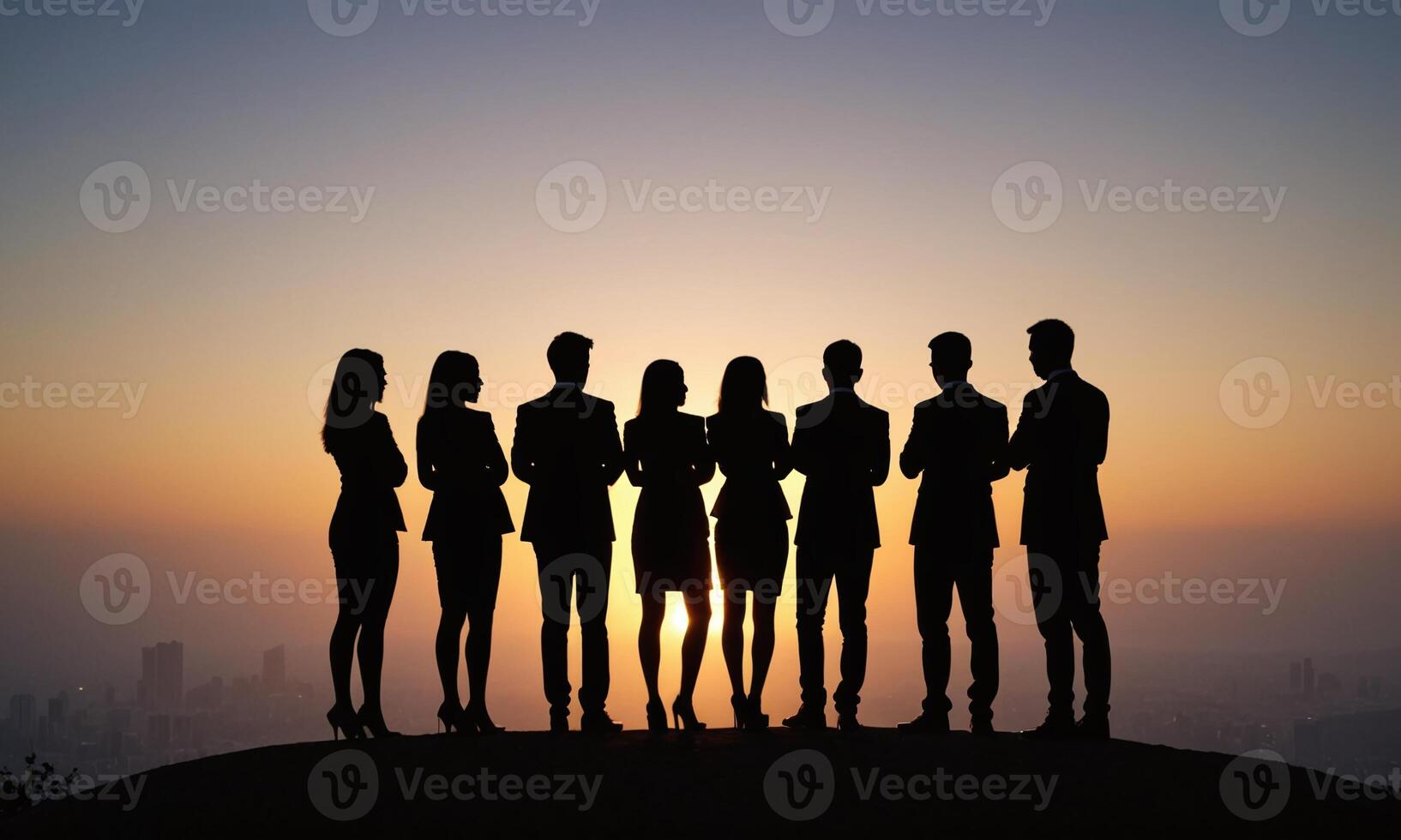 Silhouette of business team stand and feel happy on the most high at stand on sunset photo