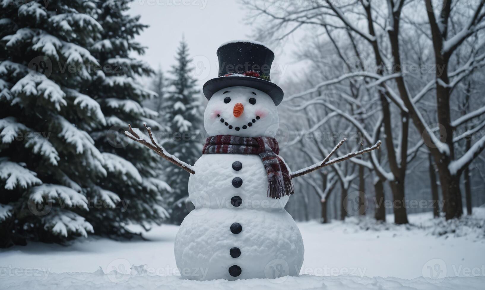 Snowman in Joyful Winter Wonderland with Snow-Covered Trees Background photo