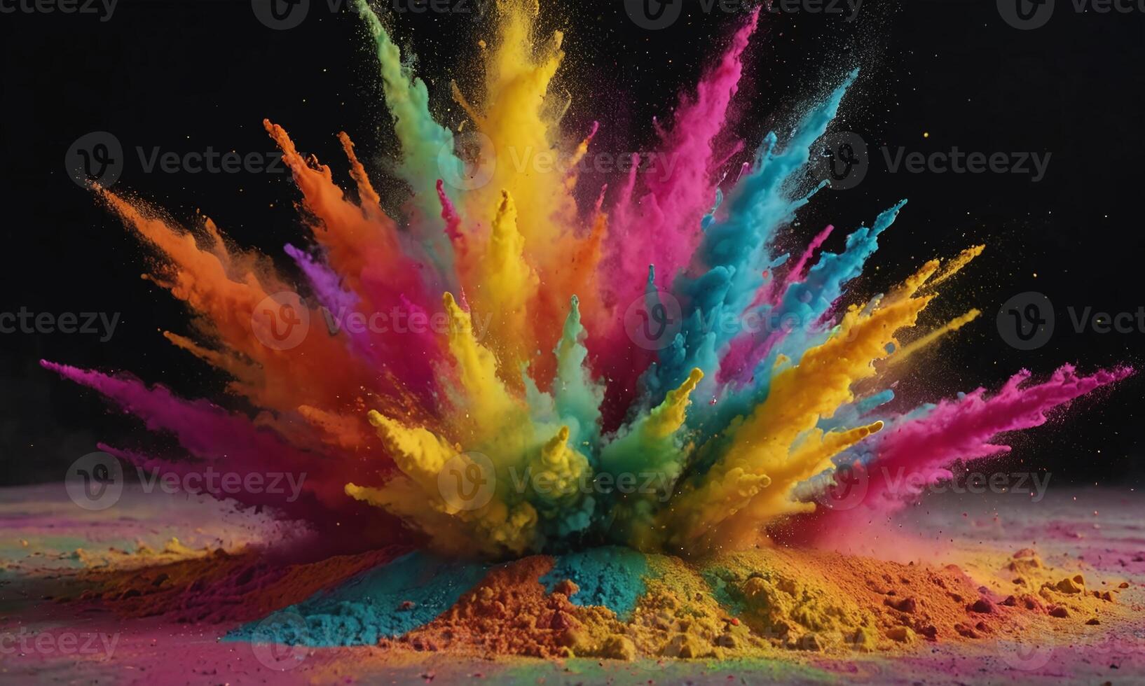 Colored powder explosion. Abstract closeup dust on backdrop. Colorful explode photo
