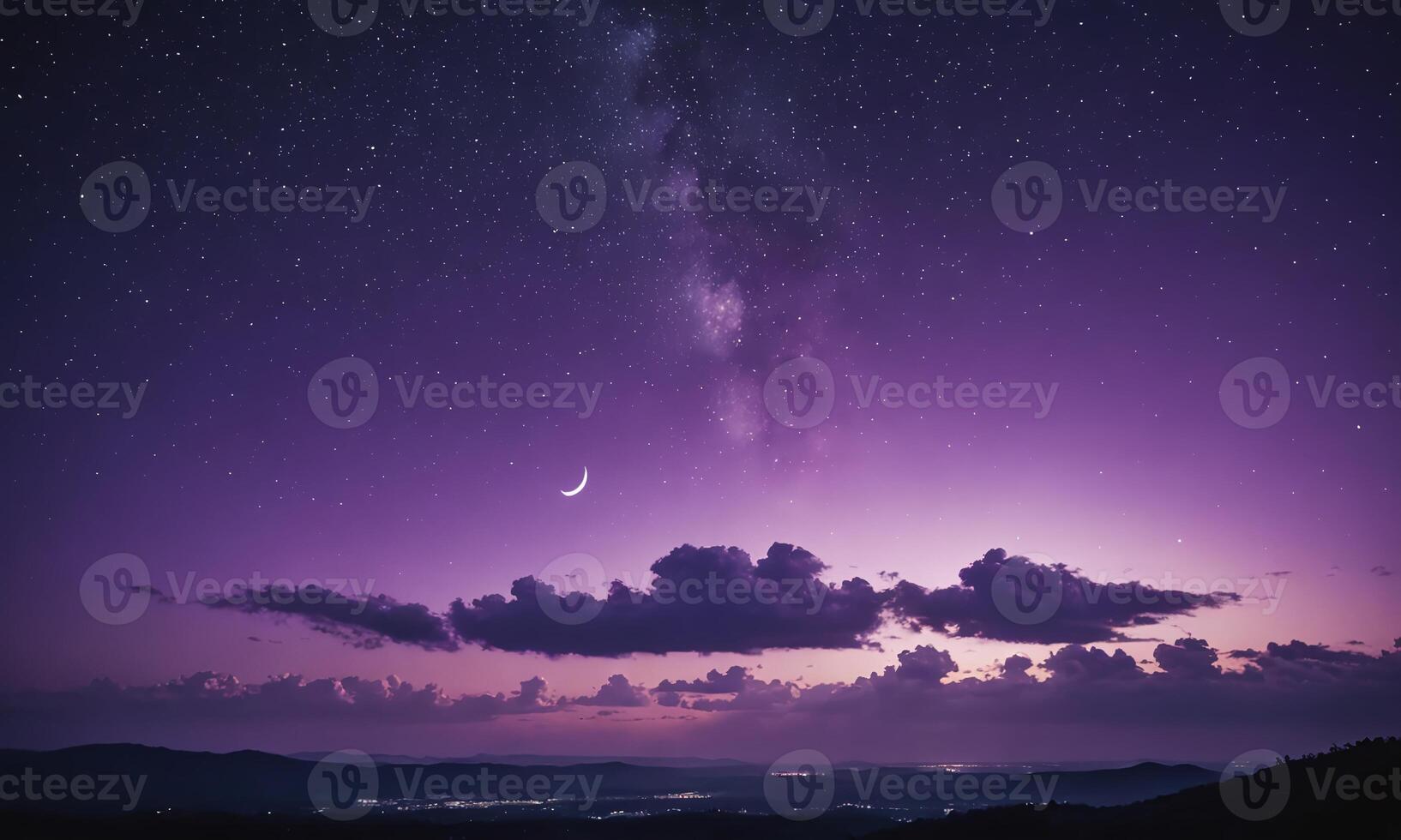 Purple gradient mystical moonlight sky with clouds and stars background wallpaper photo