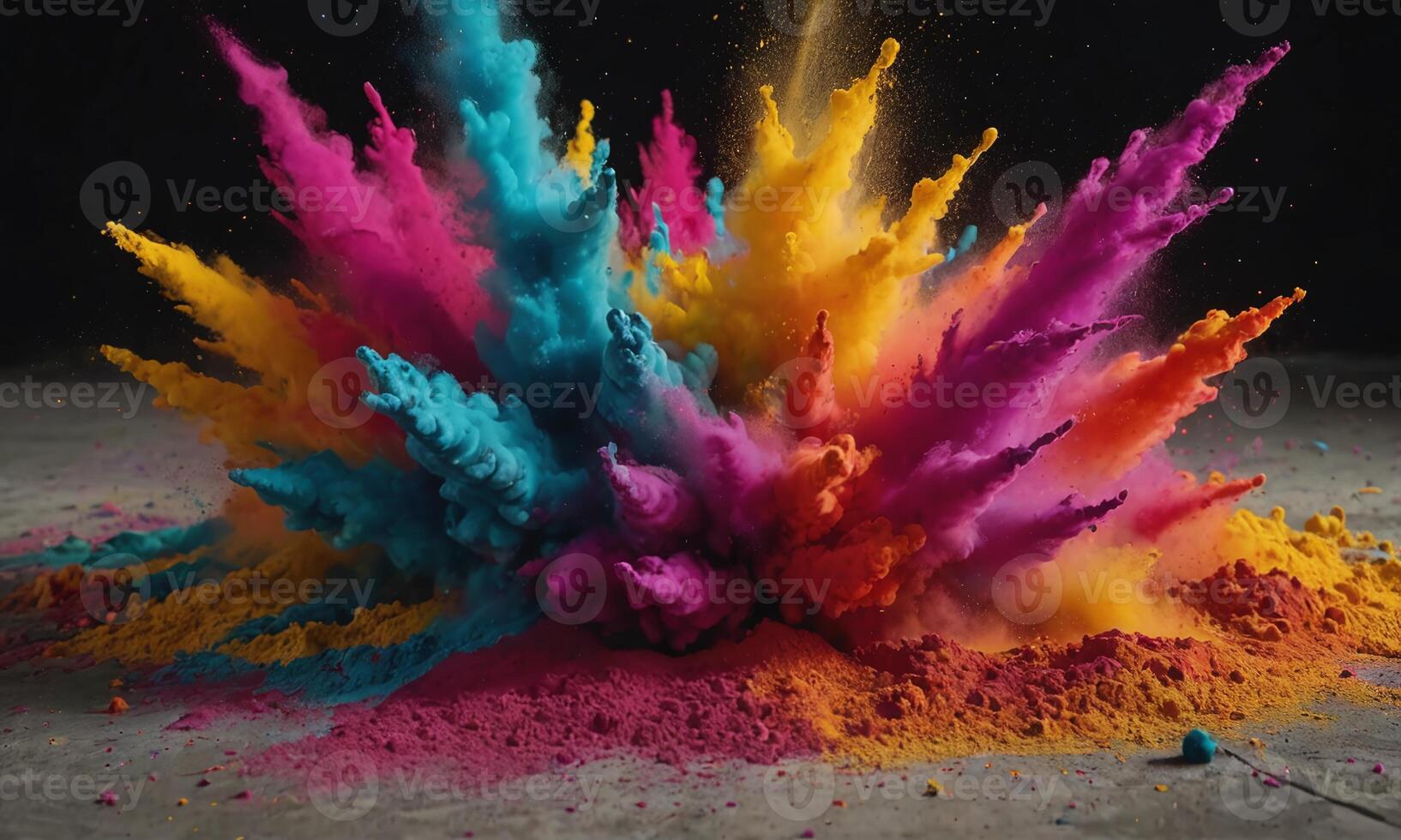 Colored powder explosion. Abstract closeup dust on backdrop. Colorful explode photo