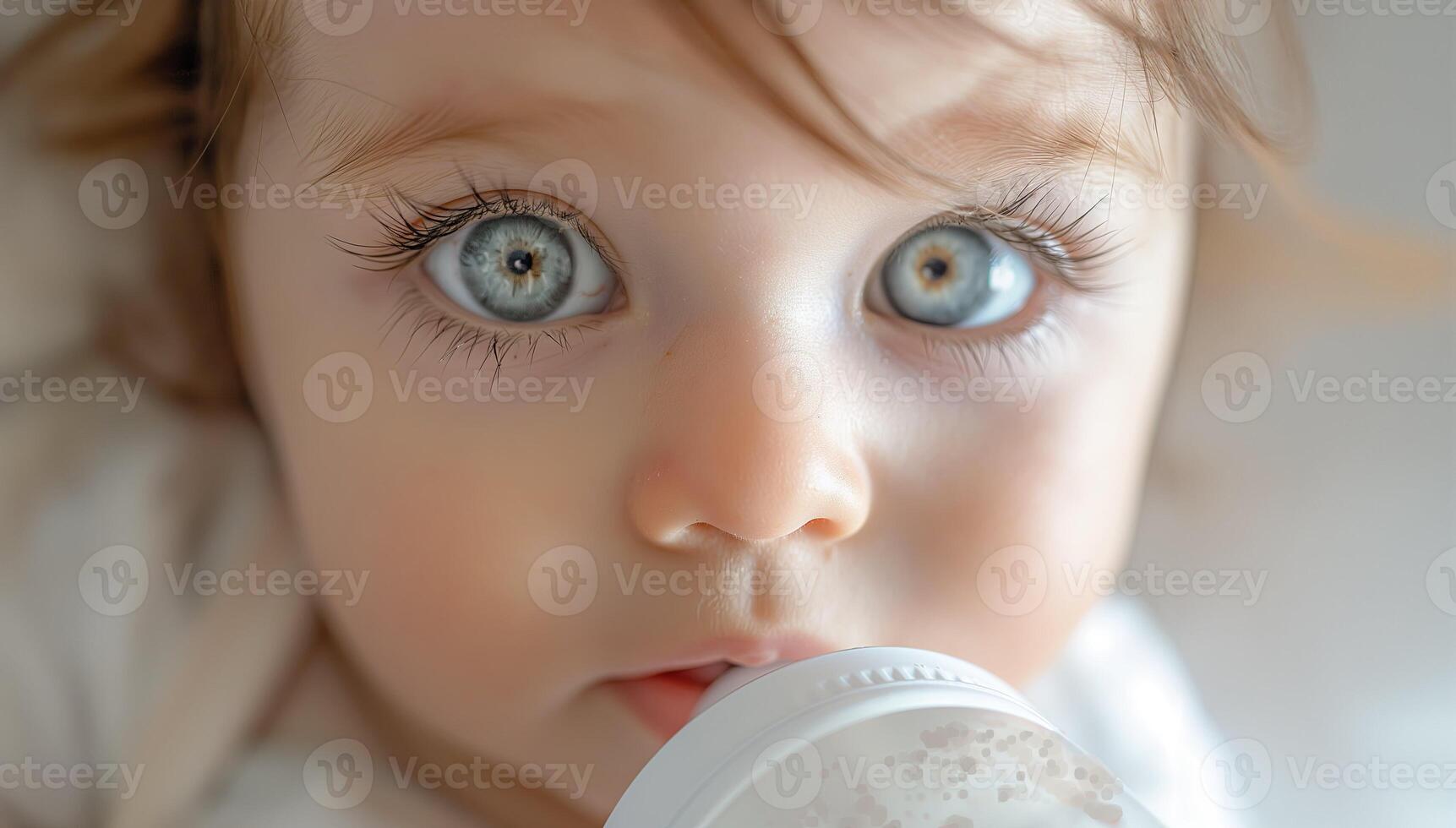Adorable baby holding a milk bottle, perfect for themes of infancy, nutrition, and cute moments. photo