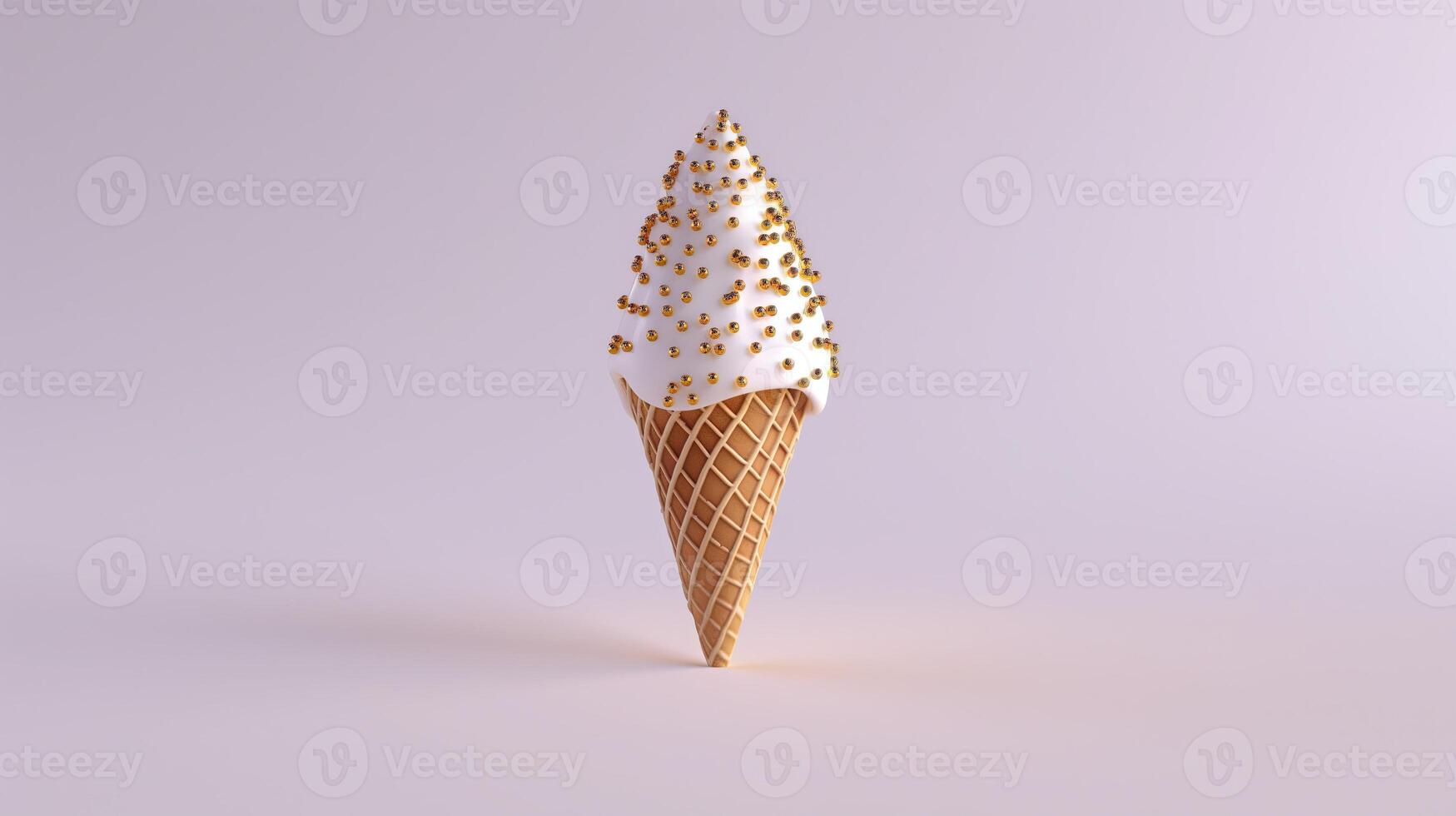 A decorative pink ice cream cone with silver swirls and pearl-like sprinkles, showcased against a white backdrop. photo
