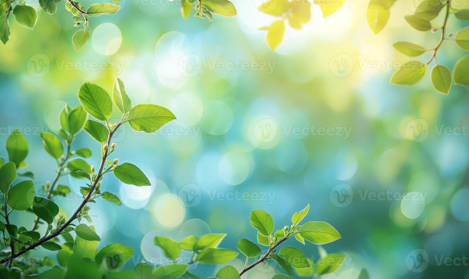 Green leaves against a blurred background with bokeh, perfect for themes of nature, spring, and freshness. photo