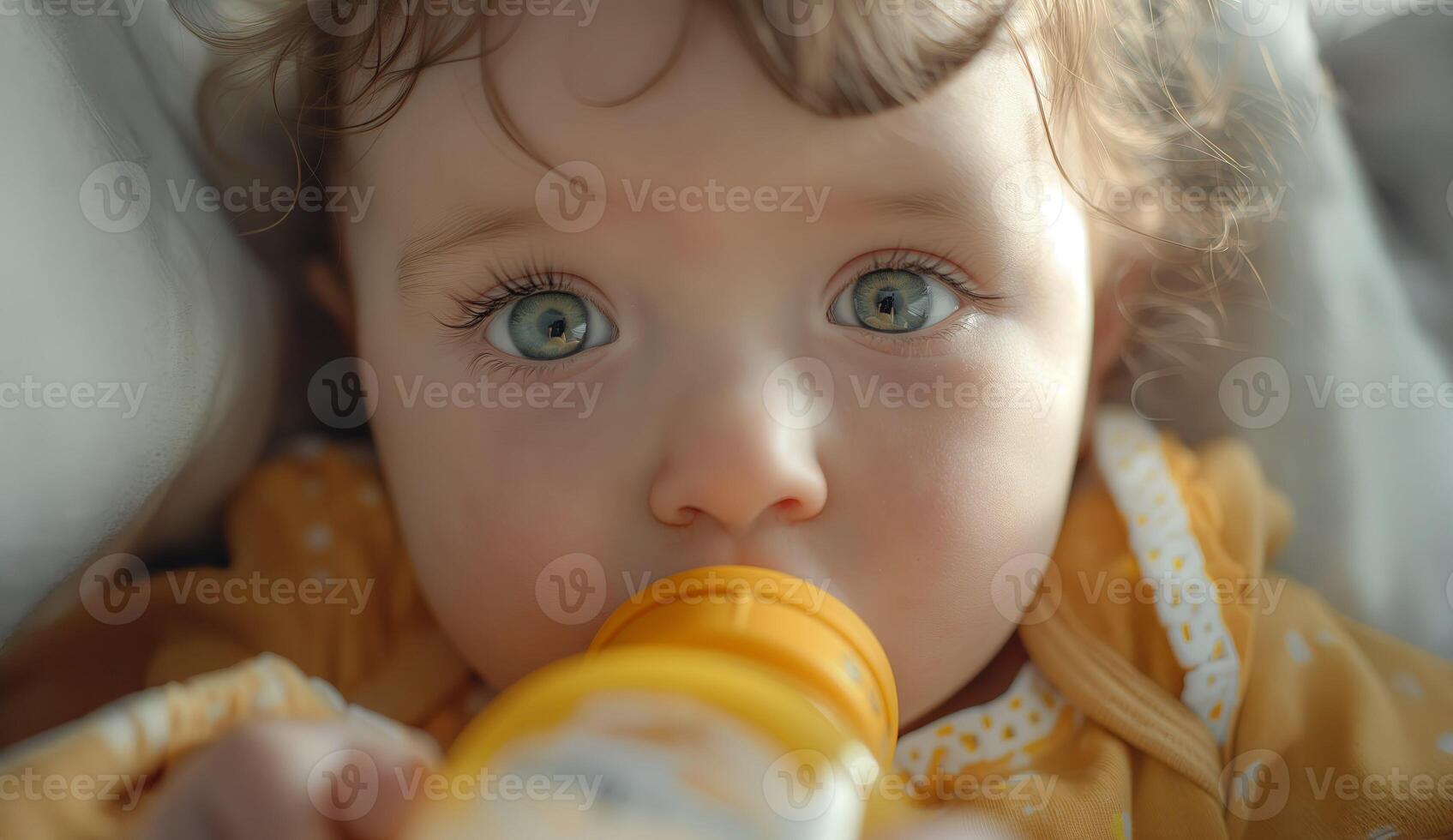 Adorable baby holding a milk bottle, perfect for themes of infancy, nutrition, and cute moments. photo