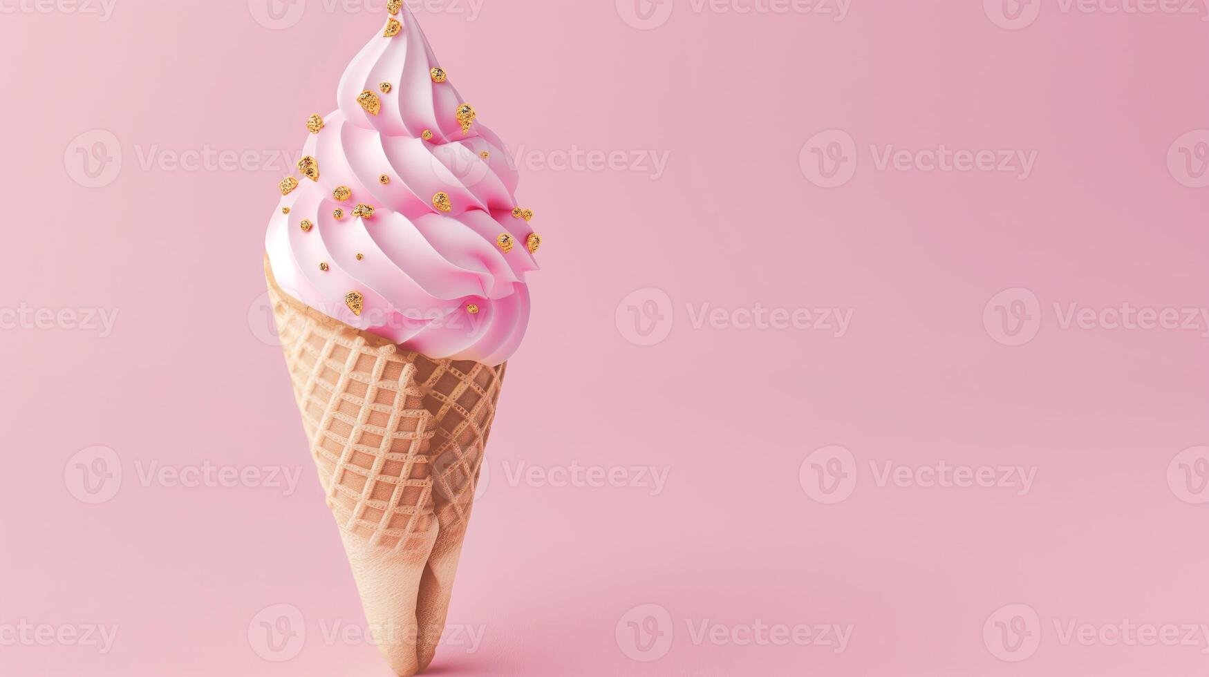 An intricately designed pink ice cream cone with silver swirls and pearl-like sprinkles, set against a pink backdrop. photo
