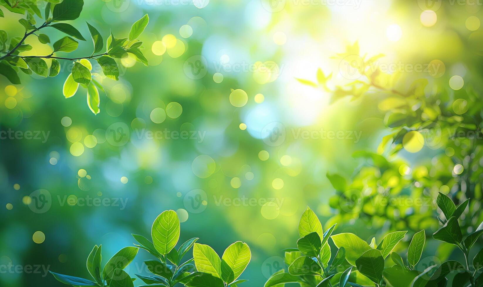 Green leaves against a blurred background with bokeh, perfect for themes of nature, spring, and freshness. photo