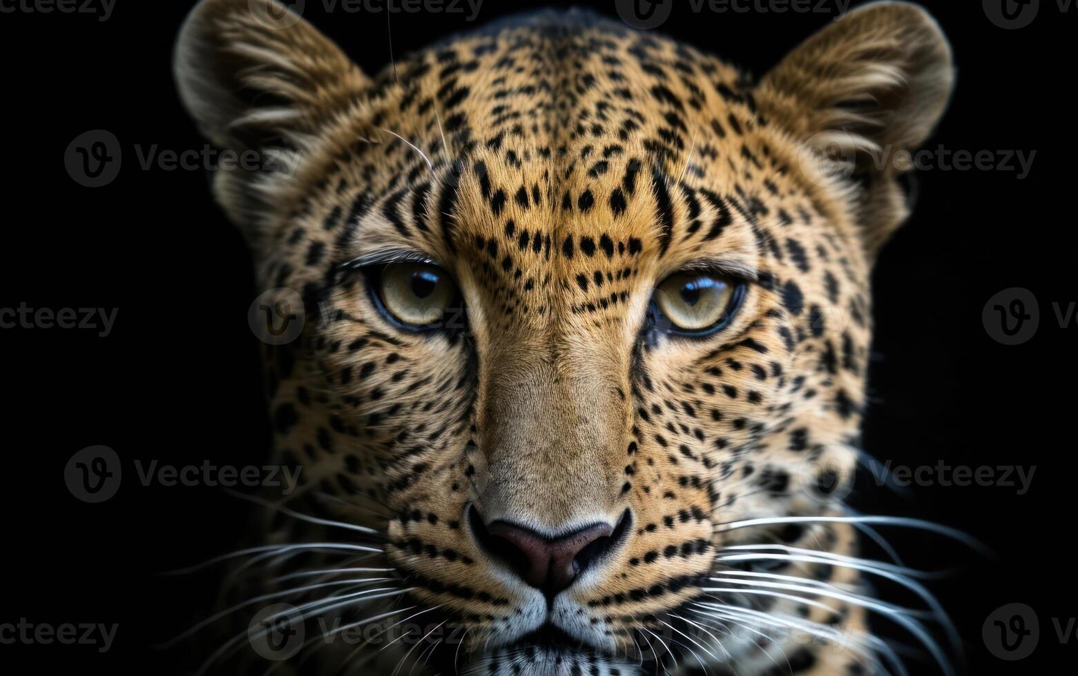 a close up of a leopard's face on a dark background with a black background, photo