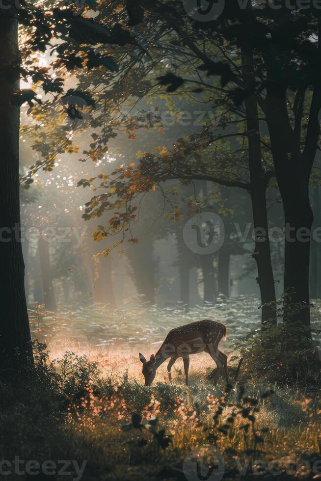 Tranquil Scene Deer Grazing in Sunlit Forest Clearing photo