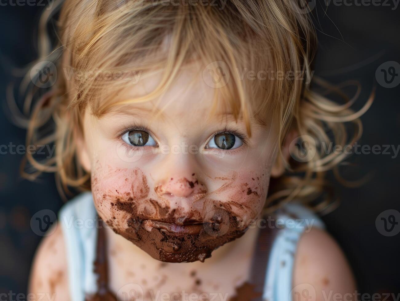 Innocent Toddler with Chocolatey Smudged Face Looks Up with Wonder photo