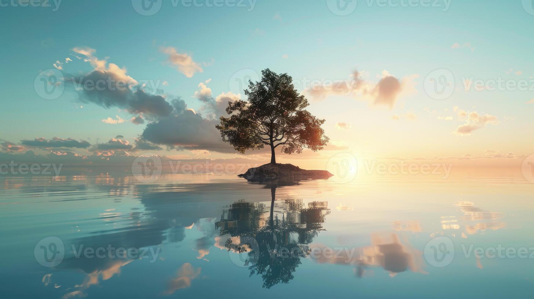 Tranquil Sunset Lone Tree on Serene Island Reflection photo