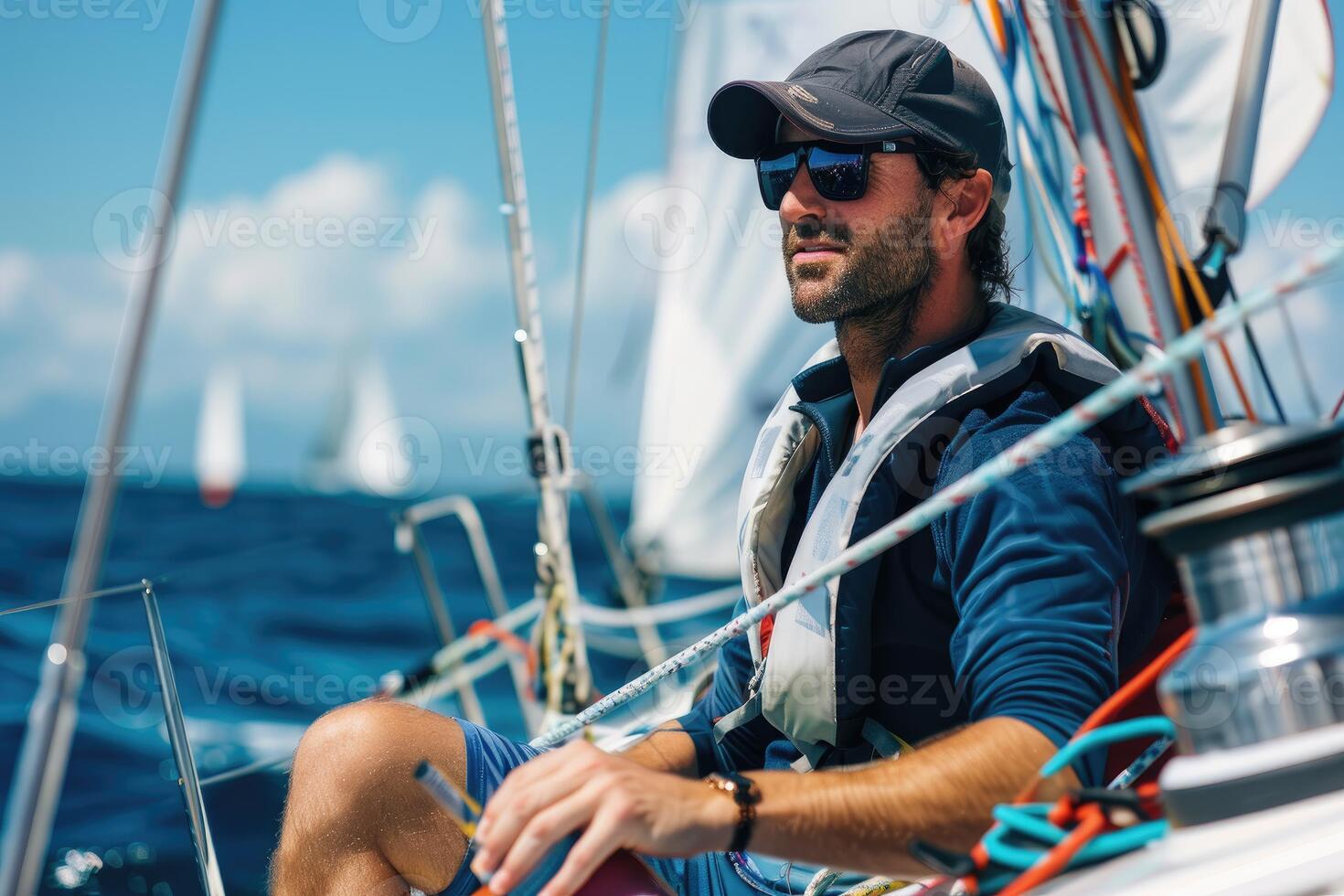 Focused Sailor in Sunglasses and Life Jacket aboard Sailboat photo