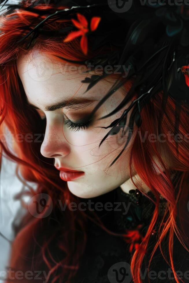 The Serene RedHaired Woman in Deep Contemplation photo