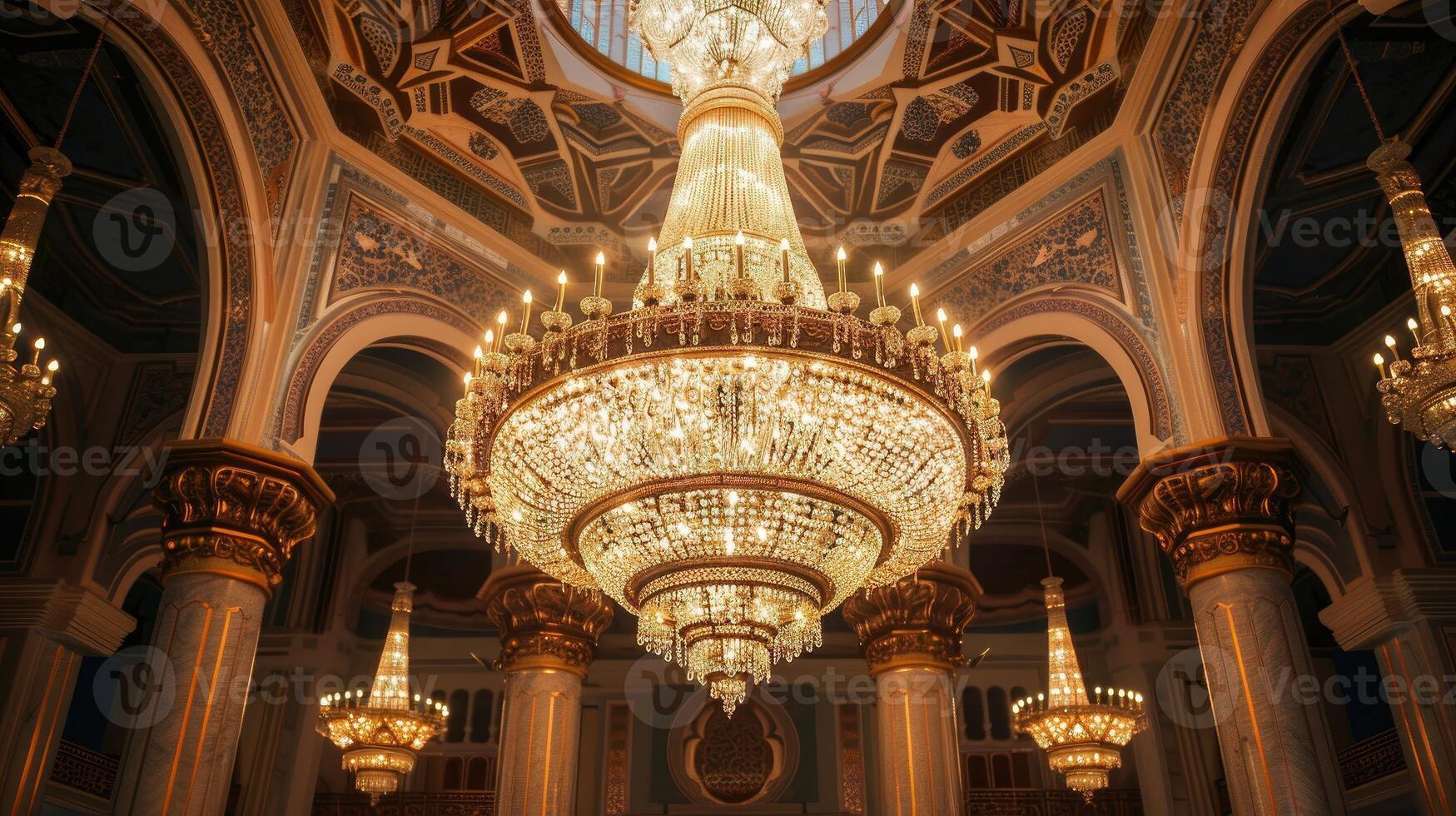 Opulent Interior Design with Multiple Massive Chandeliers and Columns photo