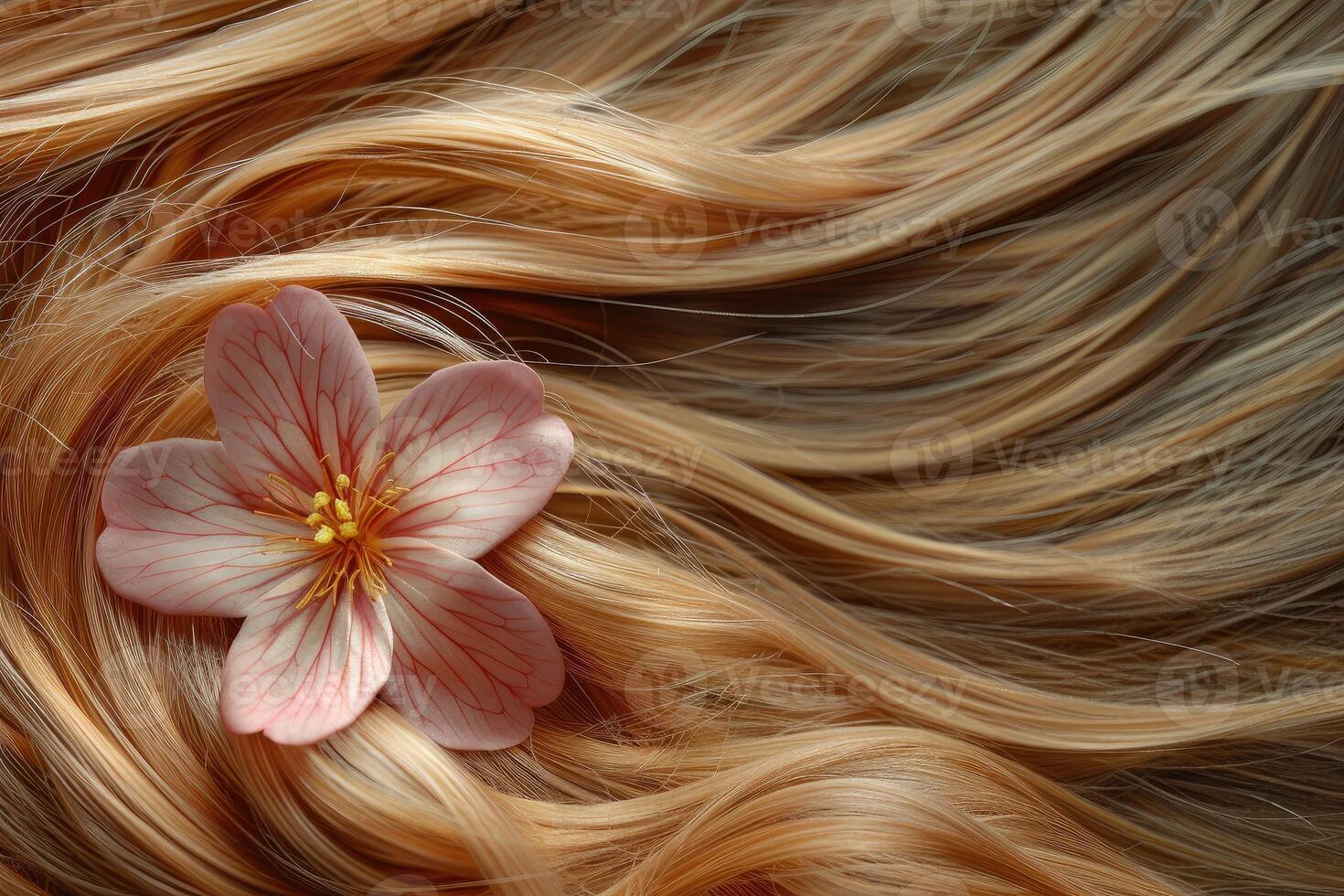 Pink Flower Resting on Blonde Hair A Peaceful Harmony photo