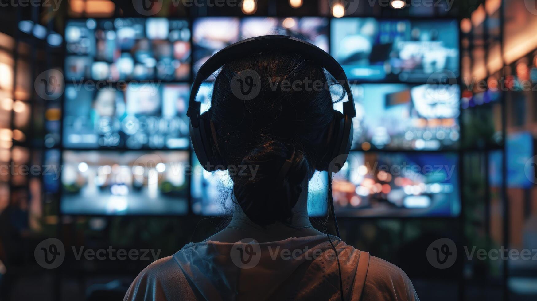 Surveillance Operator Monitors Multimedia Screens in Control Room photo