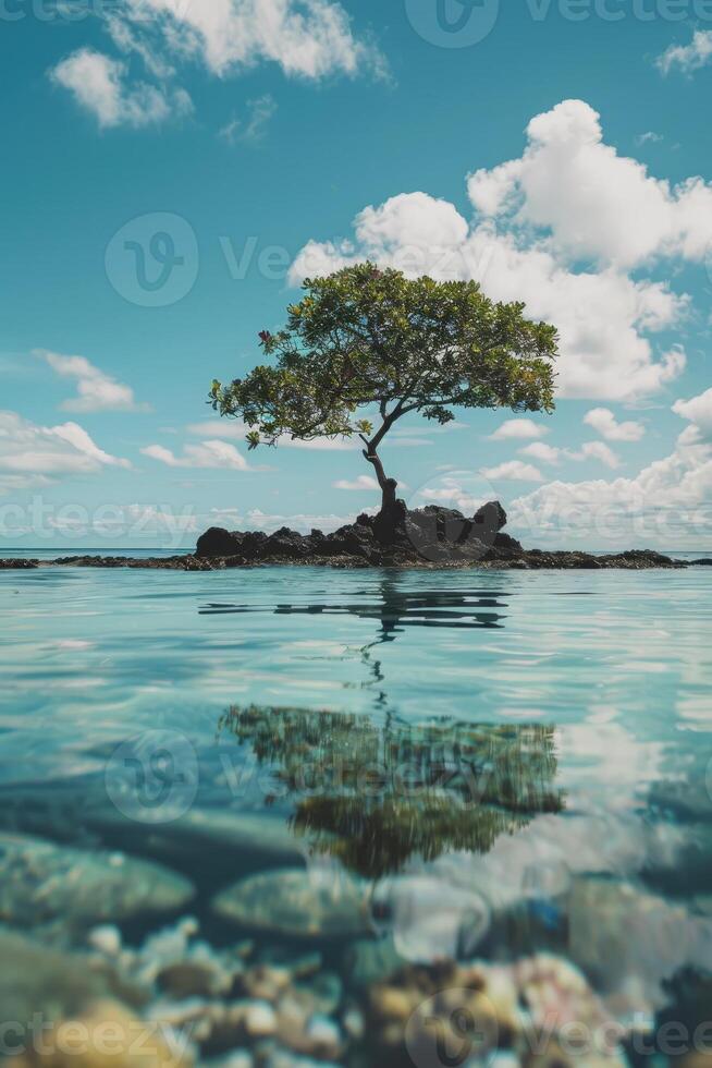 Solitary Tree Reflecting in Clear Water on Rocky Outcrop photo
