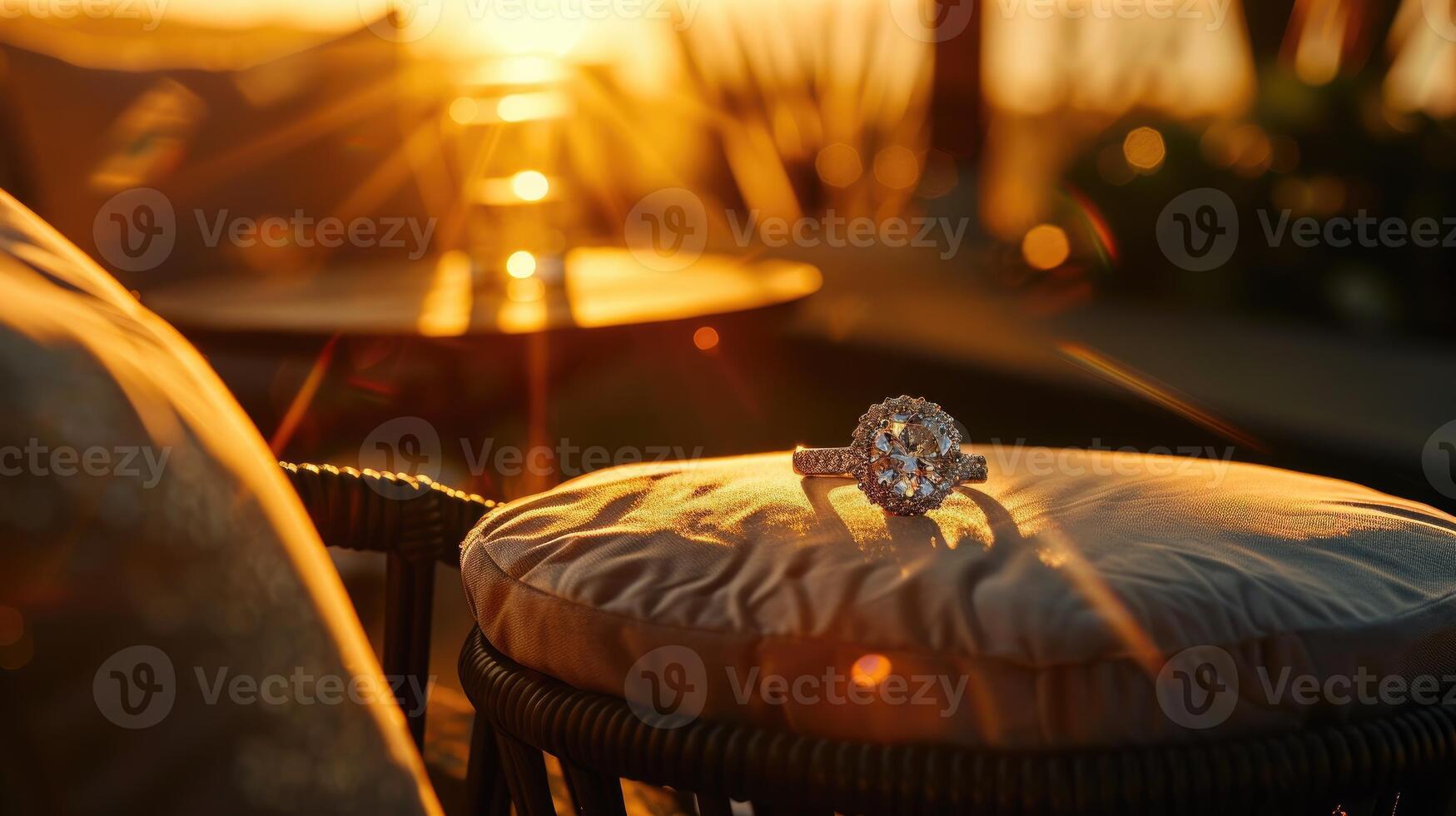 Glowing Diamond Ring on Sunlit Chair with Outdoor Ambiance photo