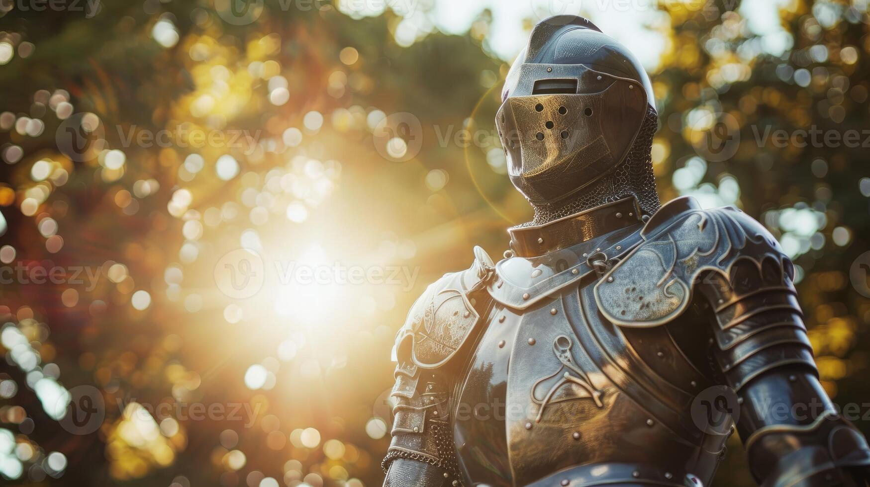 Knight in Detailed Armor Standing in Dramatic Forest Glow photo