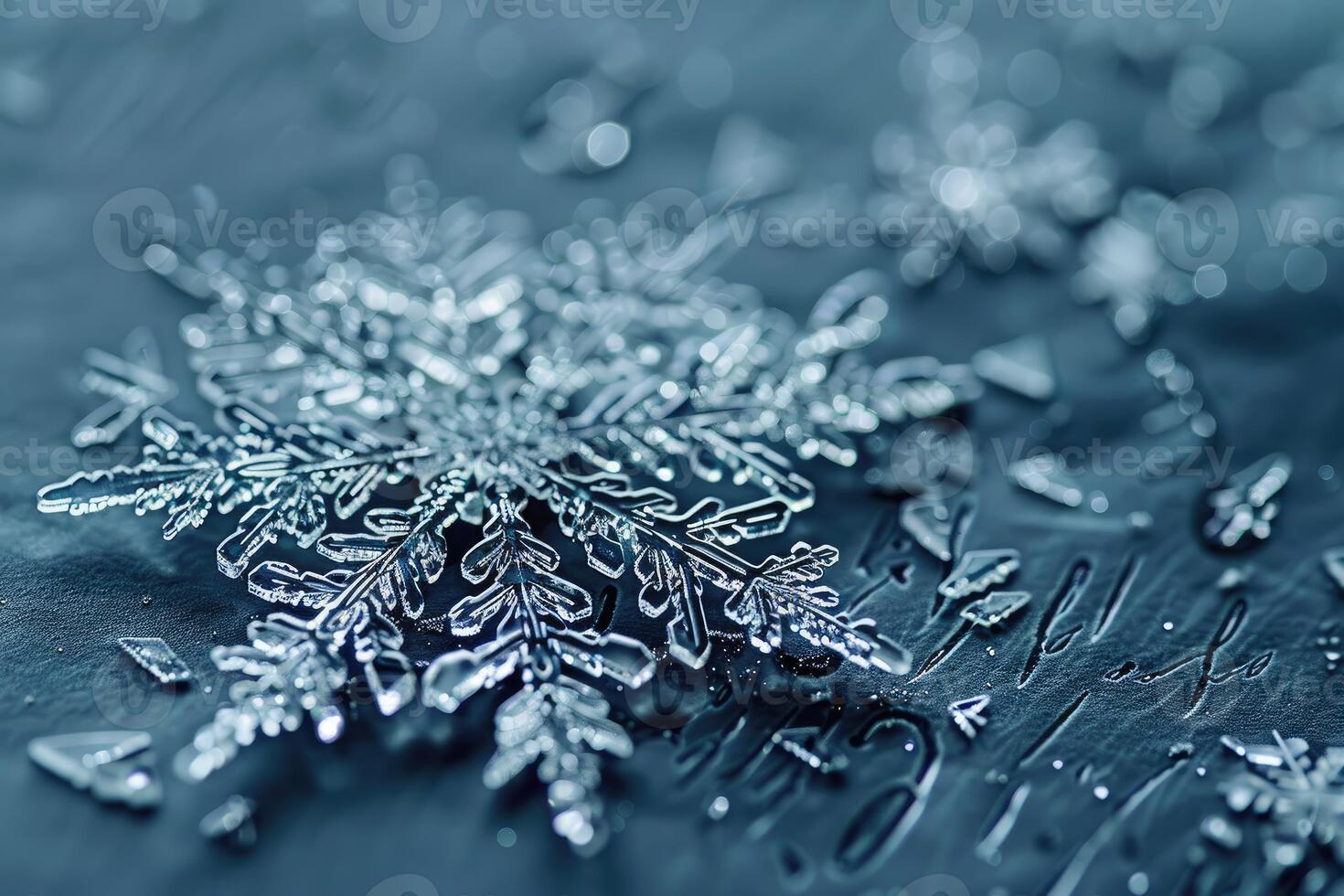 Glistening Snowflake Amongst Delicate Ice Crystals on Textured Surface photo