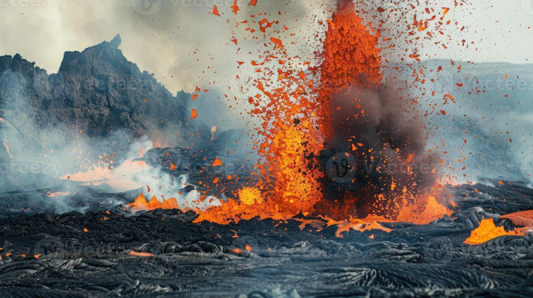 Volcanic eruption unleashes fiery lava and billowing black smoke photo