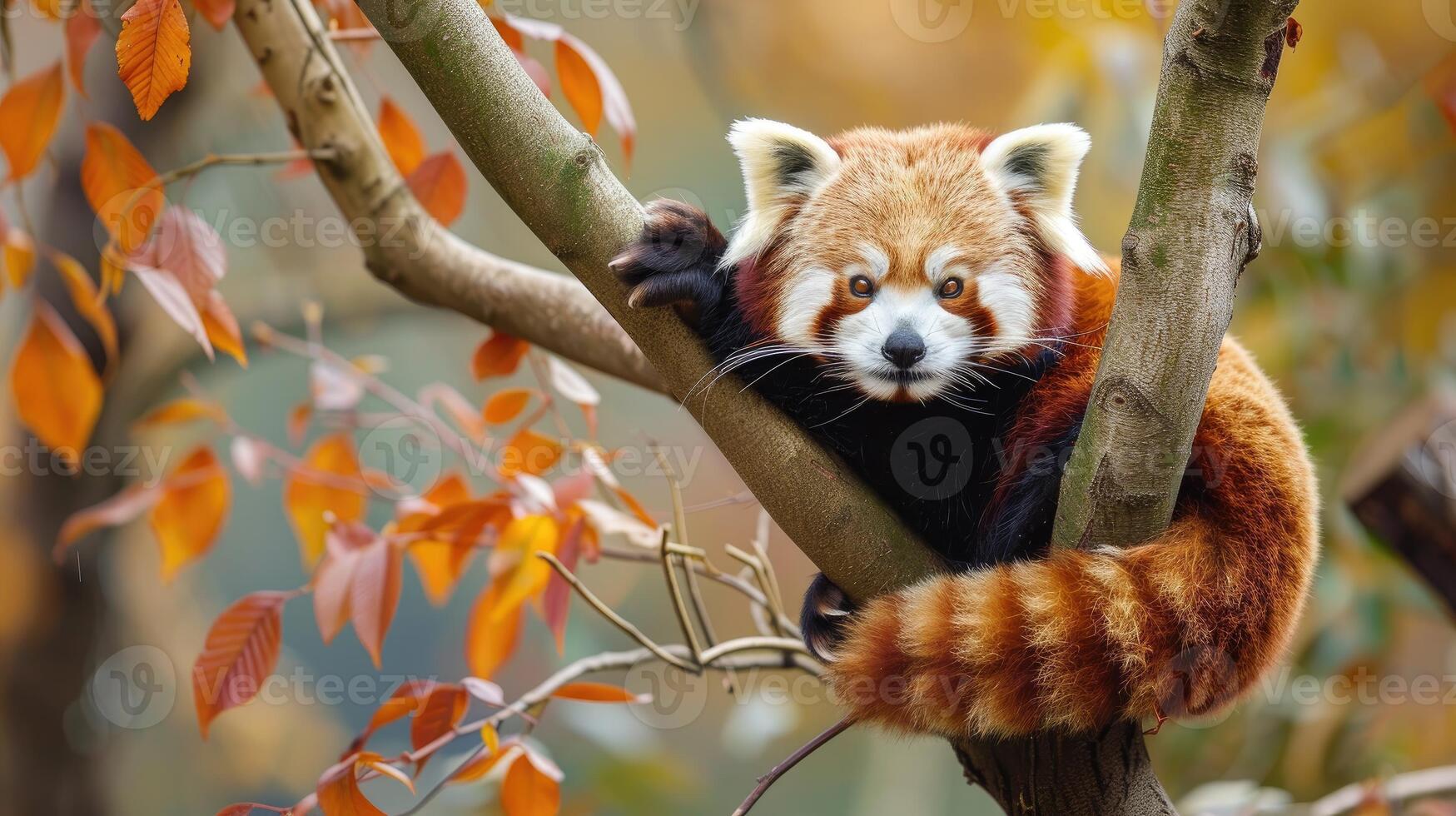Vibrant Red Panda Clinging to Autumn Tree Branch photo