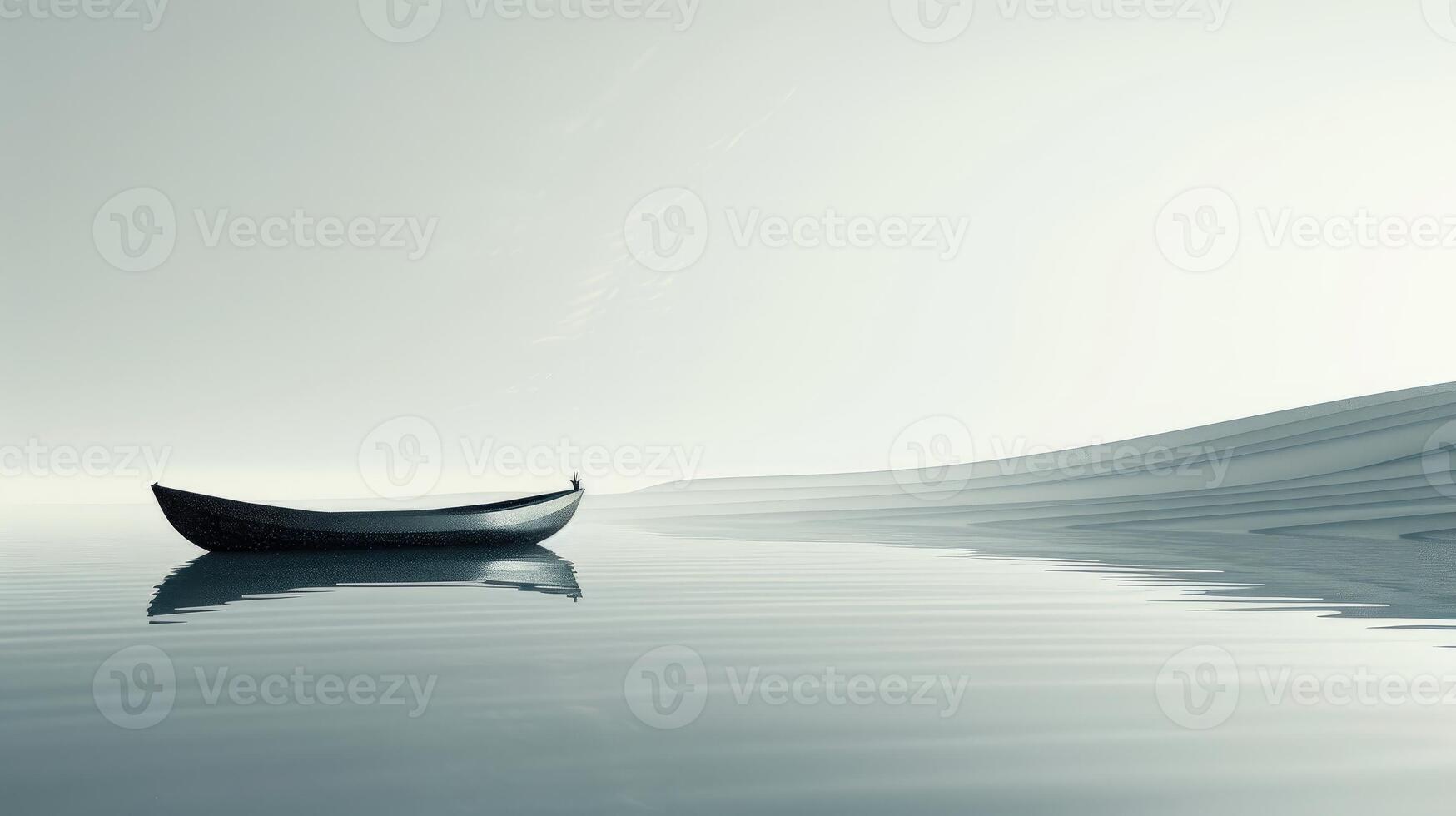 Tranquil Reflections Lone Boat on Calm Waters with Sand Dunes photo