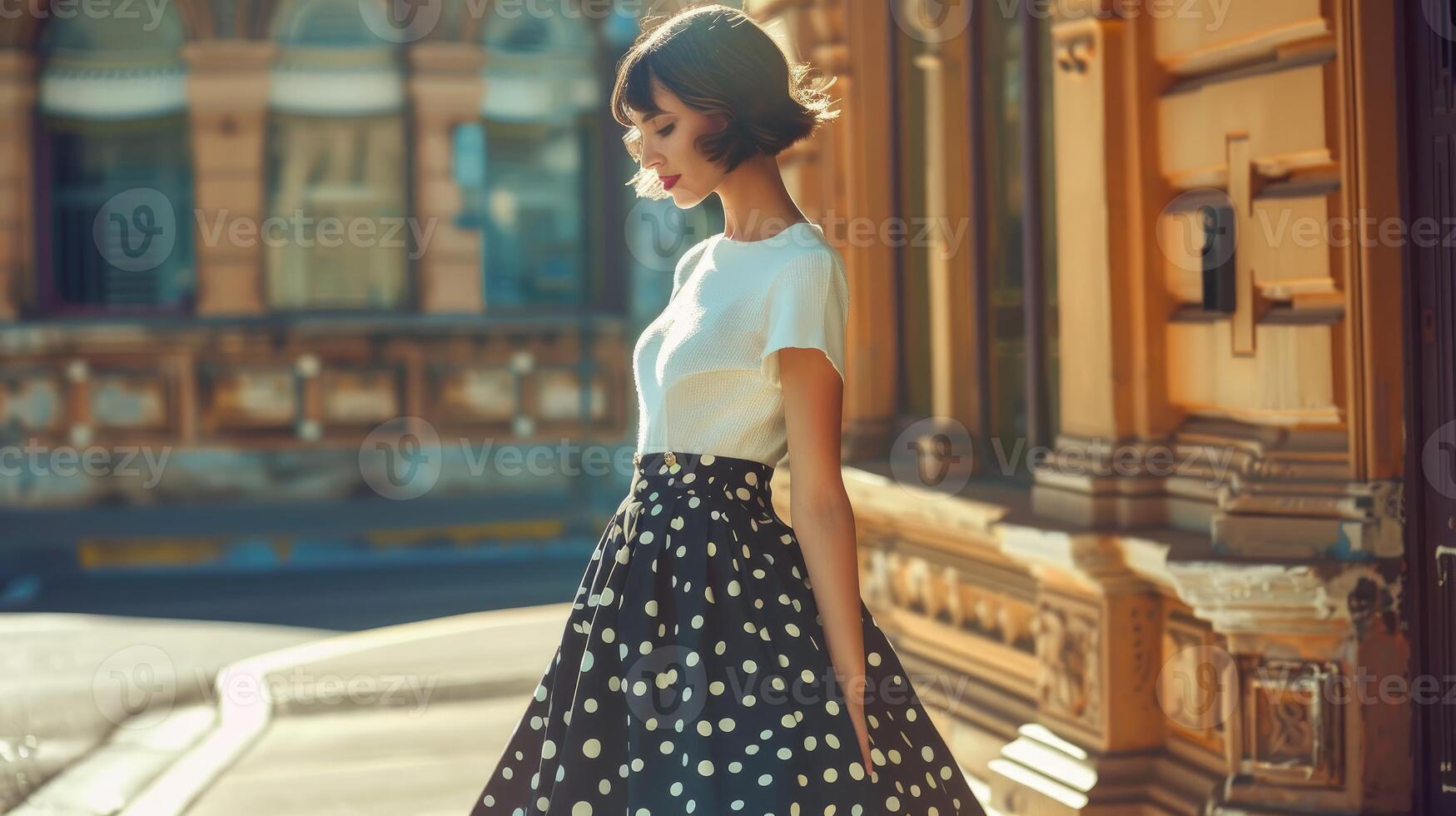 Sunlit Stroll White Top Polkadot Skirt Tousled Hair photo