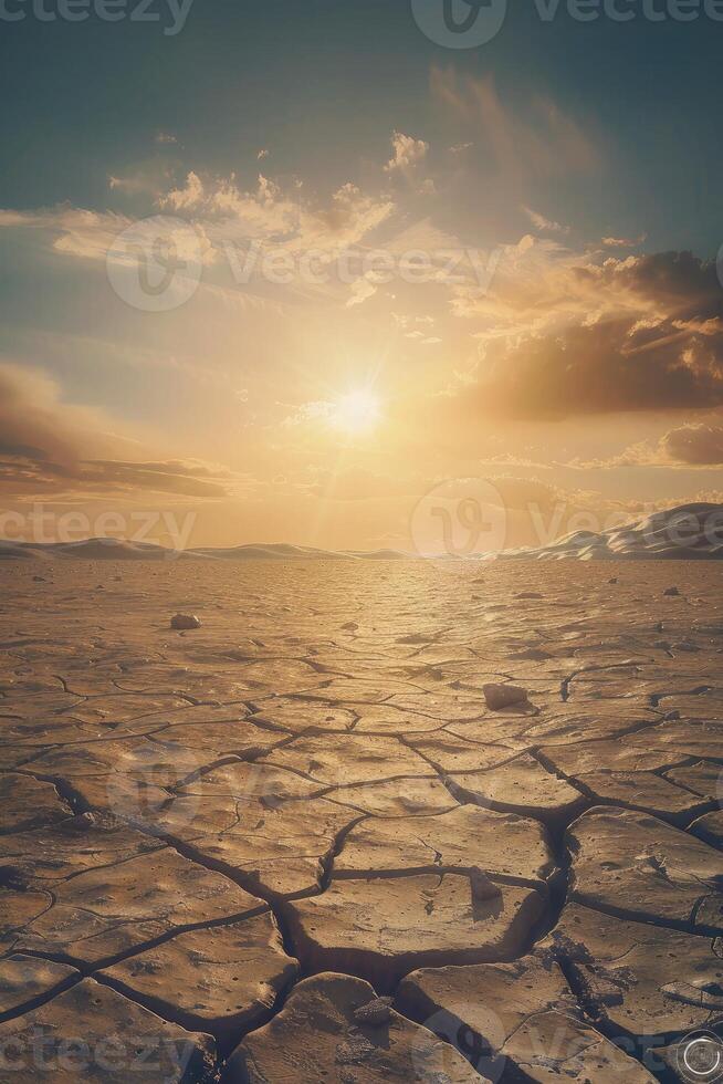 Arid Landscape Cracked Earth Glowing Under Beautiful Sunset photo