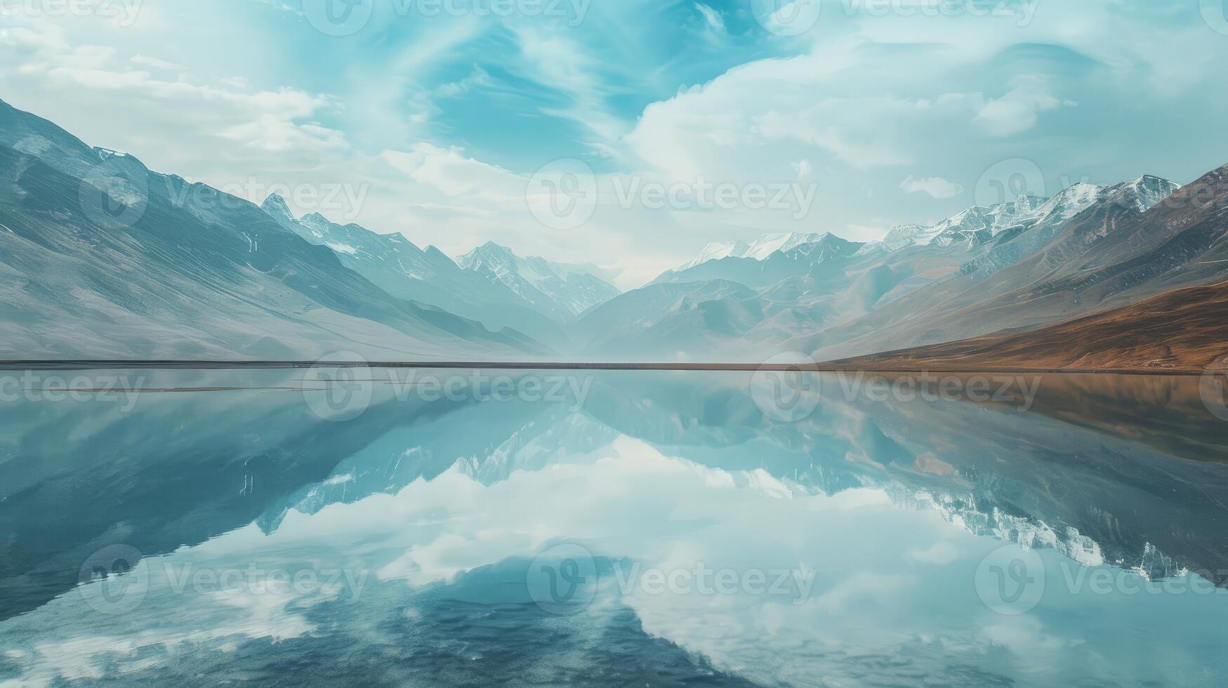Tranquil Reflections SnowCapped Mountains Mirrored in Calm Lake photo