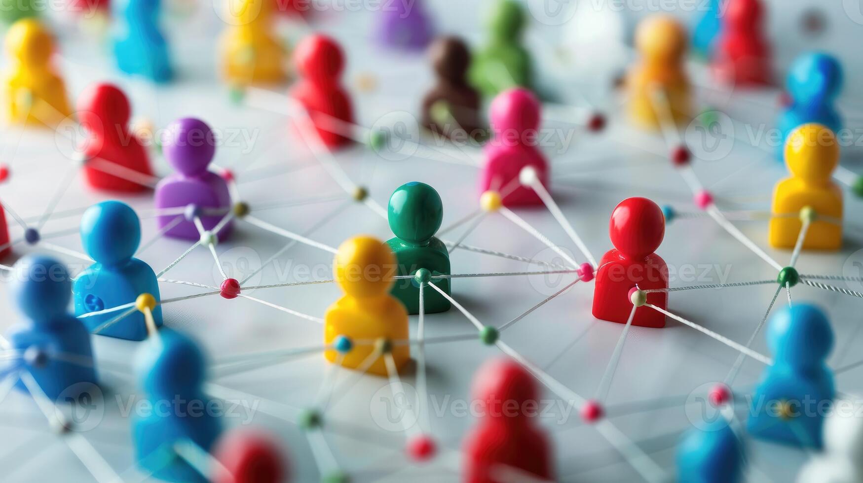 Colorful Plastic Human Figures Connected in Complex Network Symbolizing Social Communication photo