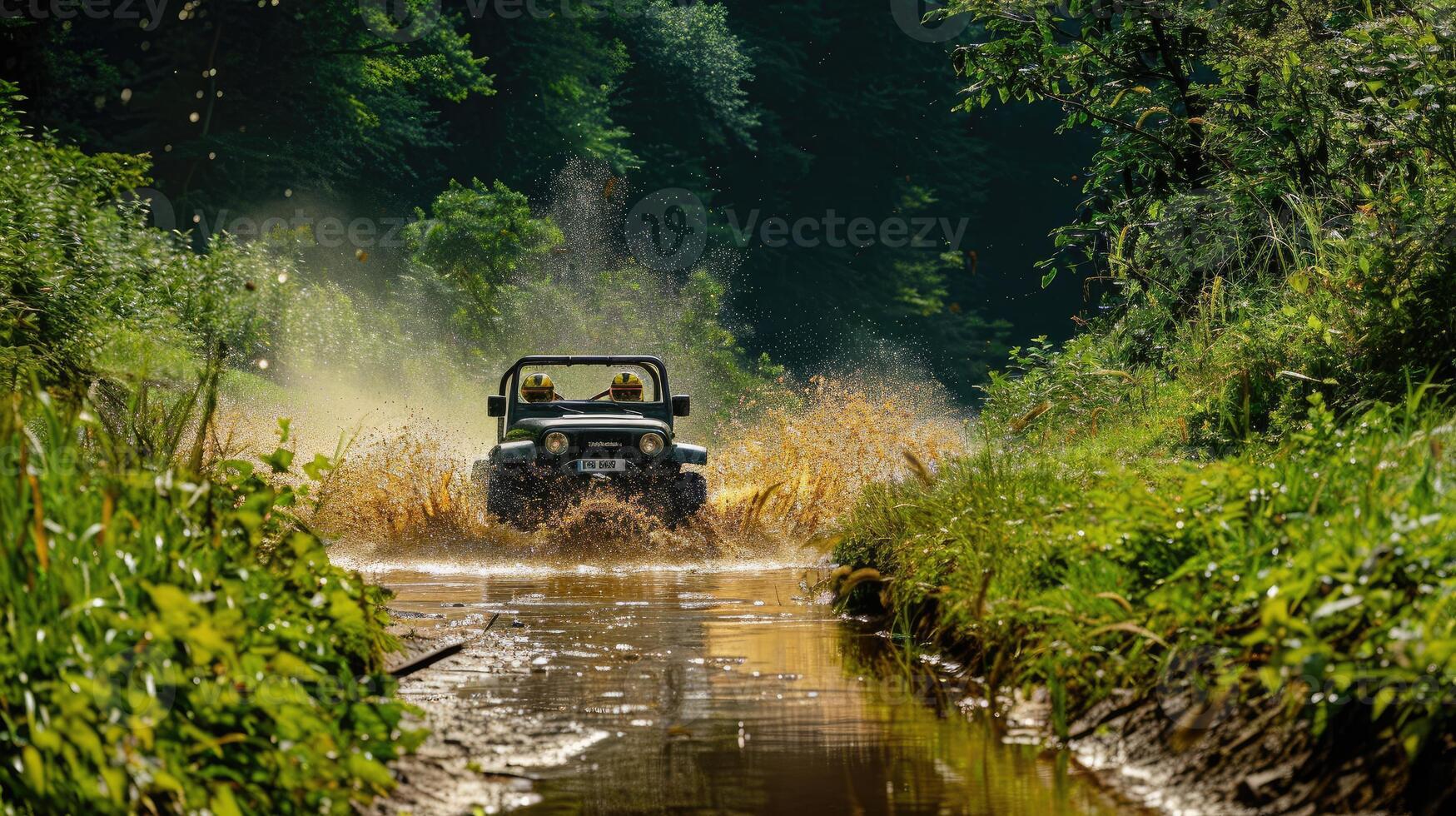 Exploring the Wild Jeep Adventure through Muddy Green Forest photo