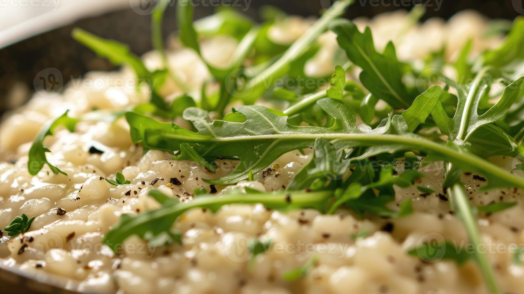 Creamy risotto with arugula and black pepper garnish photo