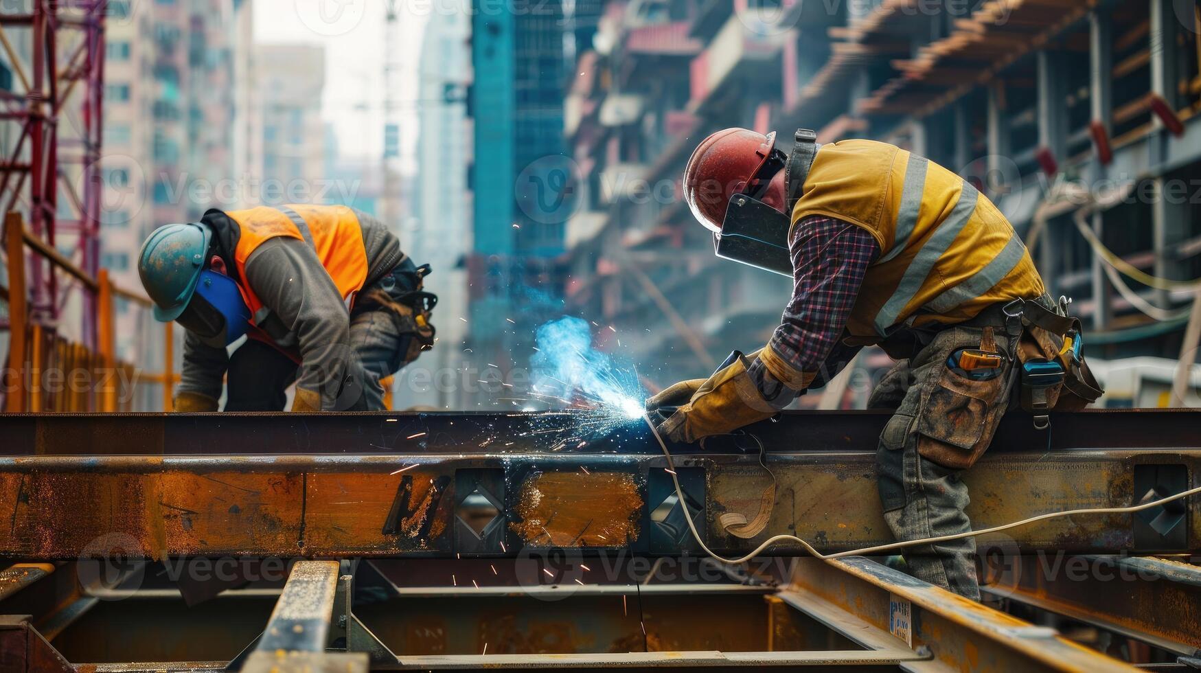 Construction Workers Welding on HighRise Building Site photo