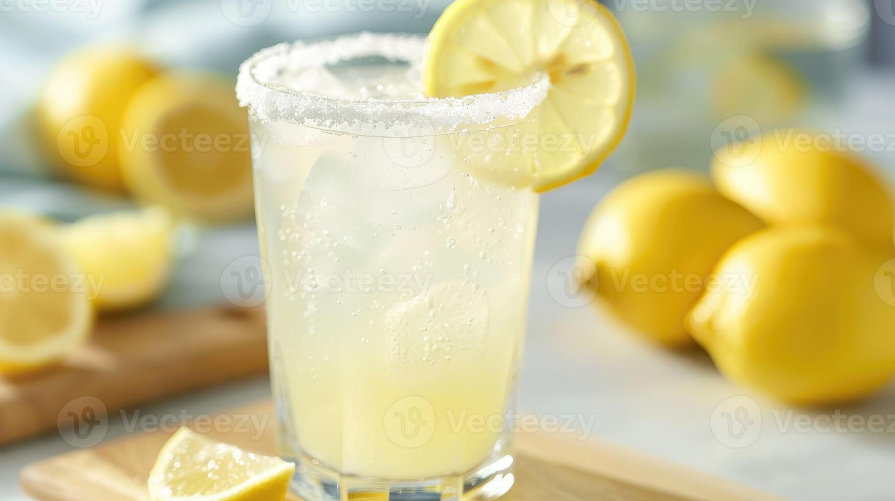Icy Lemonade Served With Fresh Lemon Slice Amidst Lemons photo