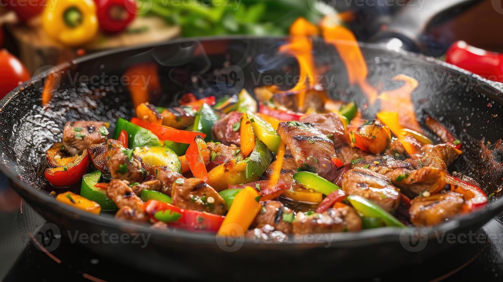 Sizzling Skillet Succulent Meat and Vibrant Vegetable Medley photo