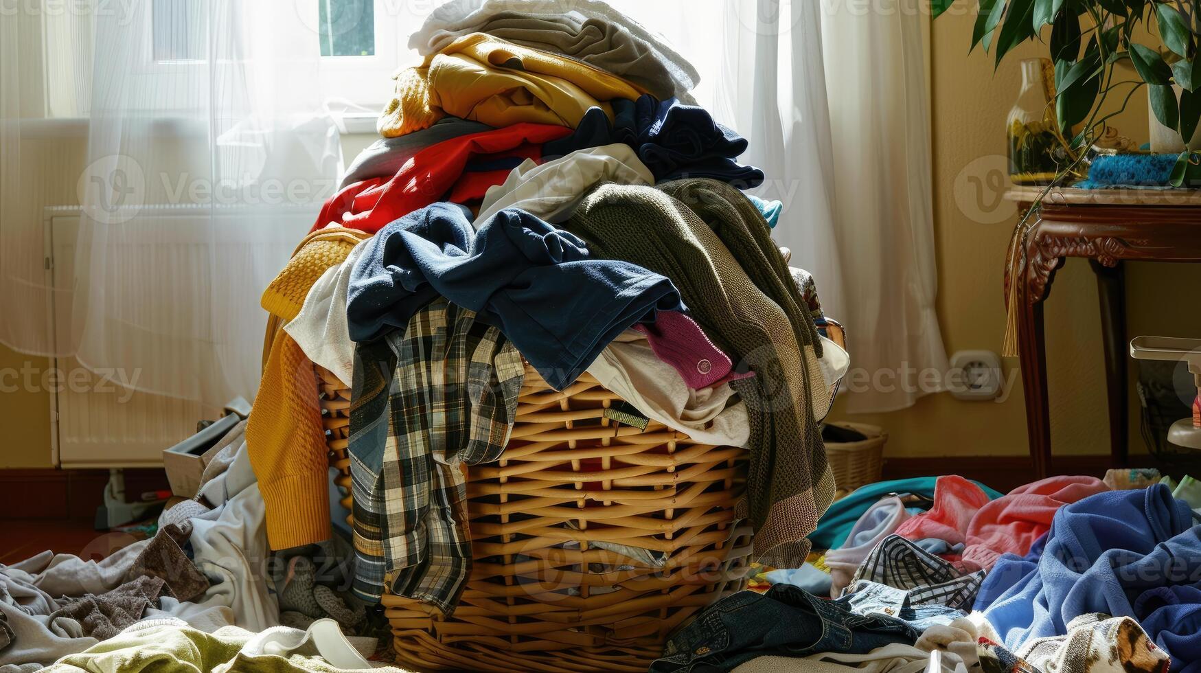 Sunlit chaos laundry basket overflowing with scattered clothes photo