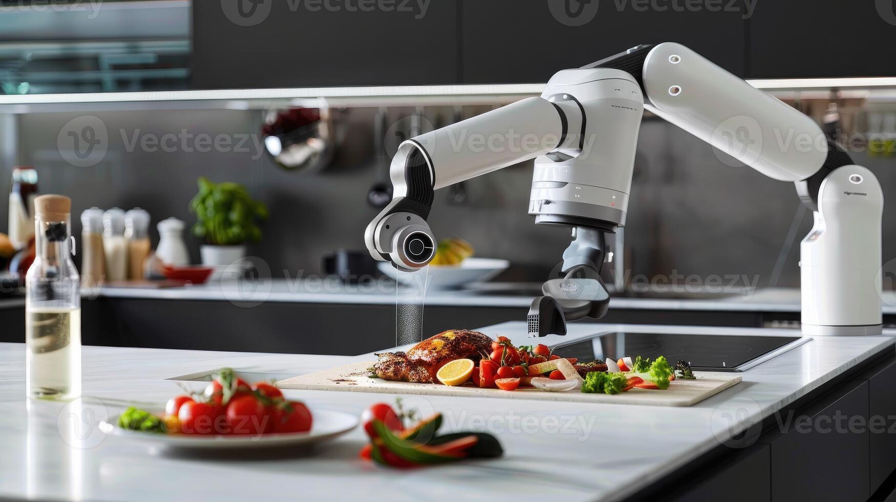 Robotic Arm Prepares Roast Chicken with Fresh Vegetables photo