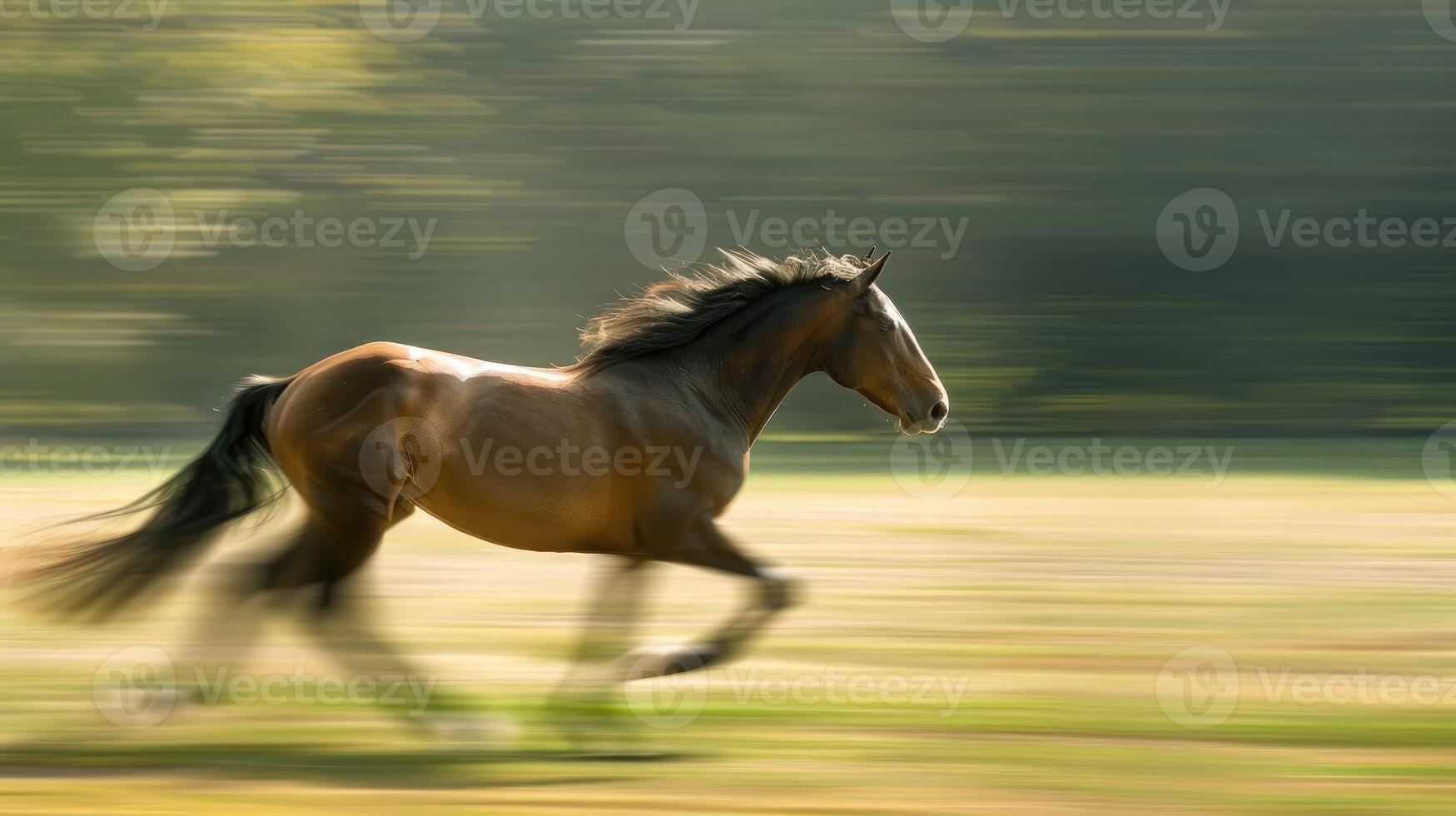 The Majestic Brown Horse Galloping Swiftly Across Open Fields photo