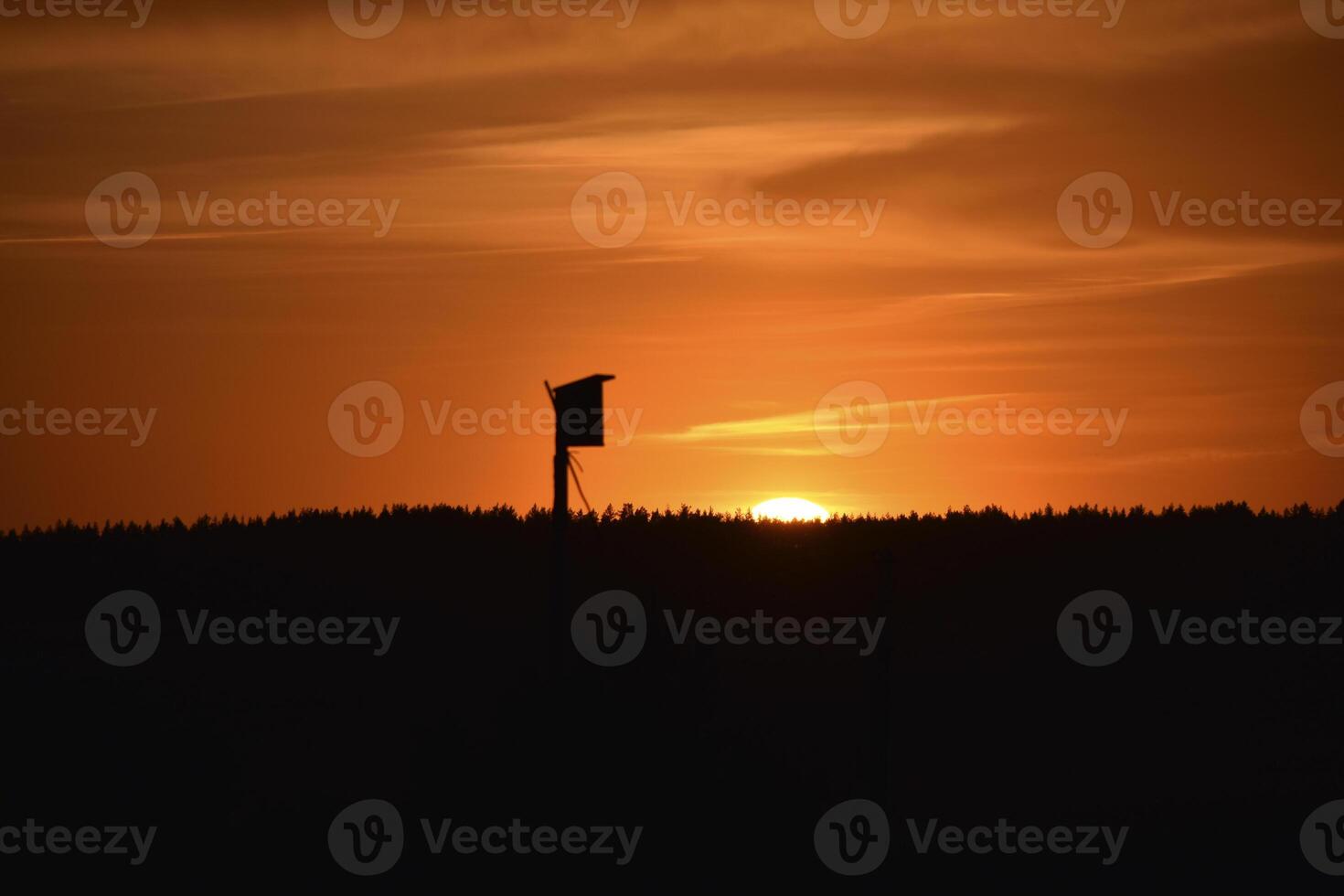 A beautiful sunset and a birdhouse on the horizon background. Rural landscape. photo