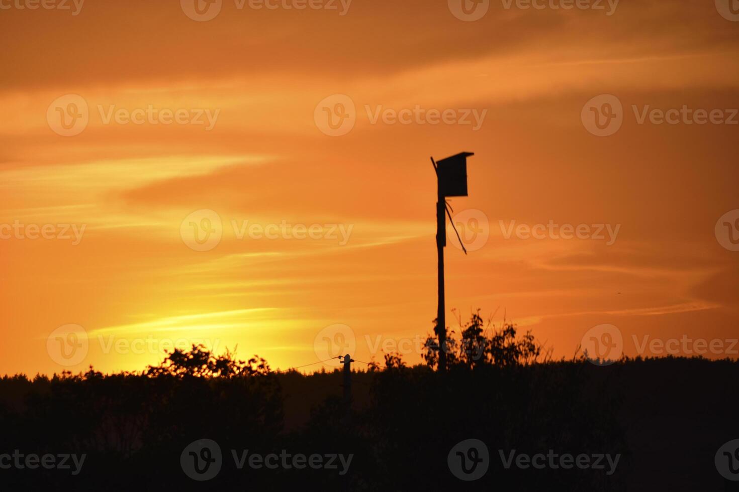 A beautiful sunset and a birdhouse on the horizon background. Rural landscape. photo