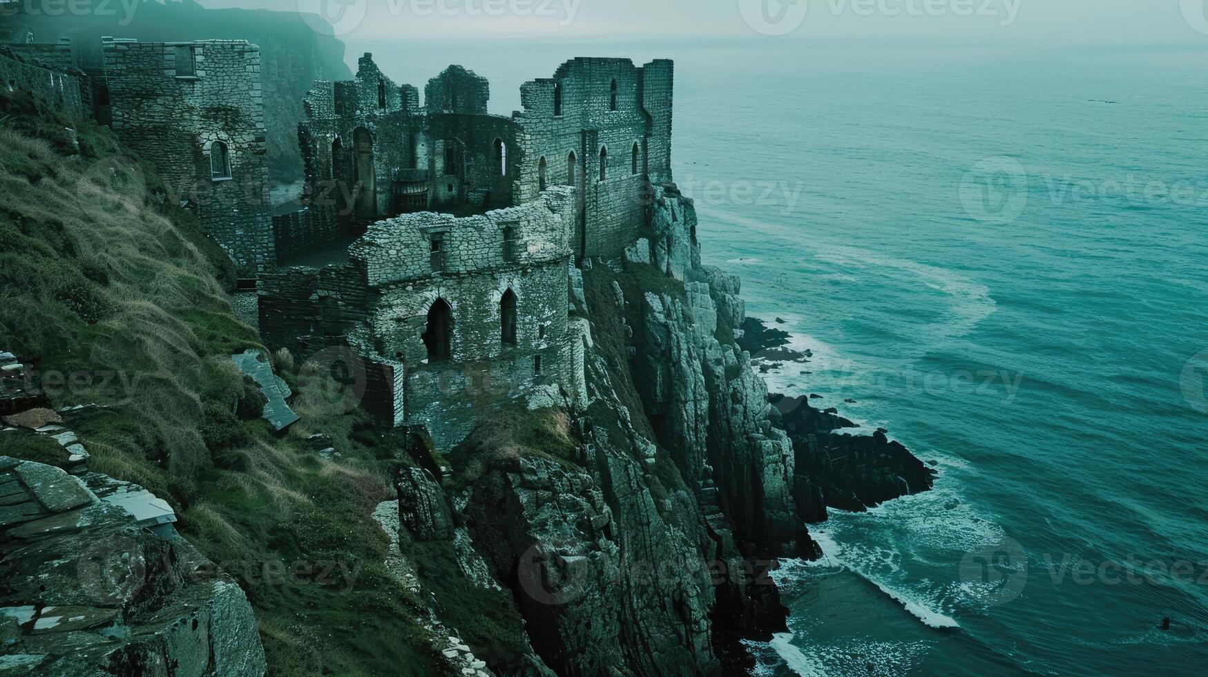 Majestic stone castle on cliffside overlooking misty ocean photo