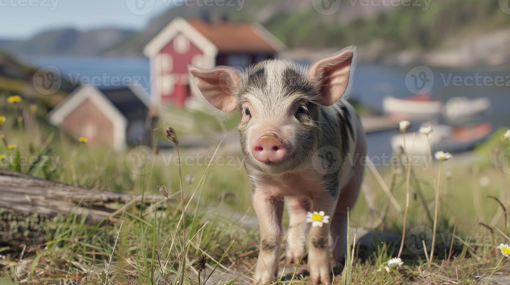A Playful Piglet in a Charming Countryside Landscape photo