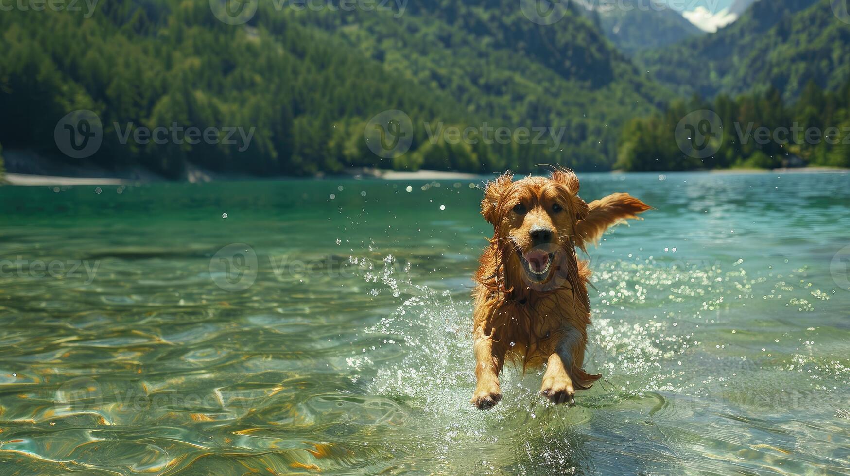 Golden retriever frolicking in crystalclear lake amidst lush landscape photo