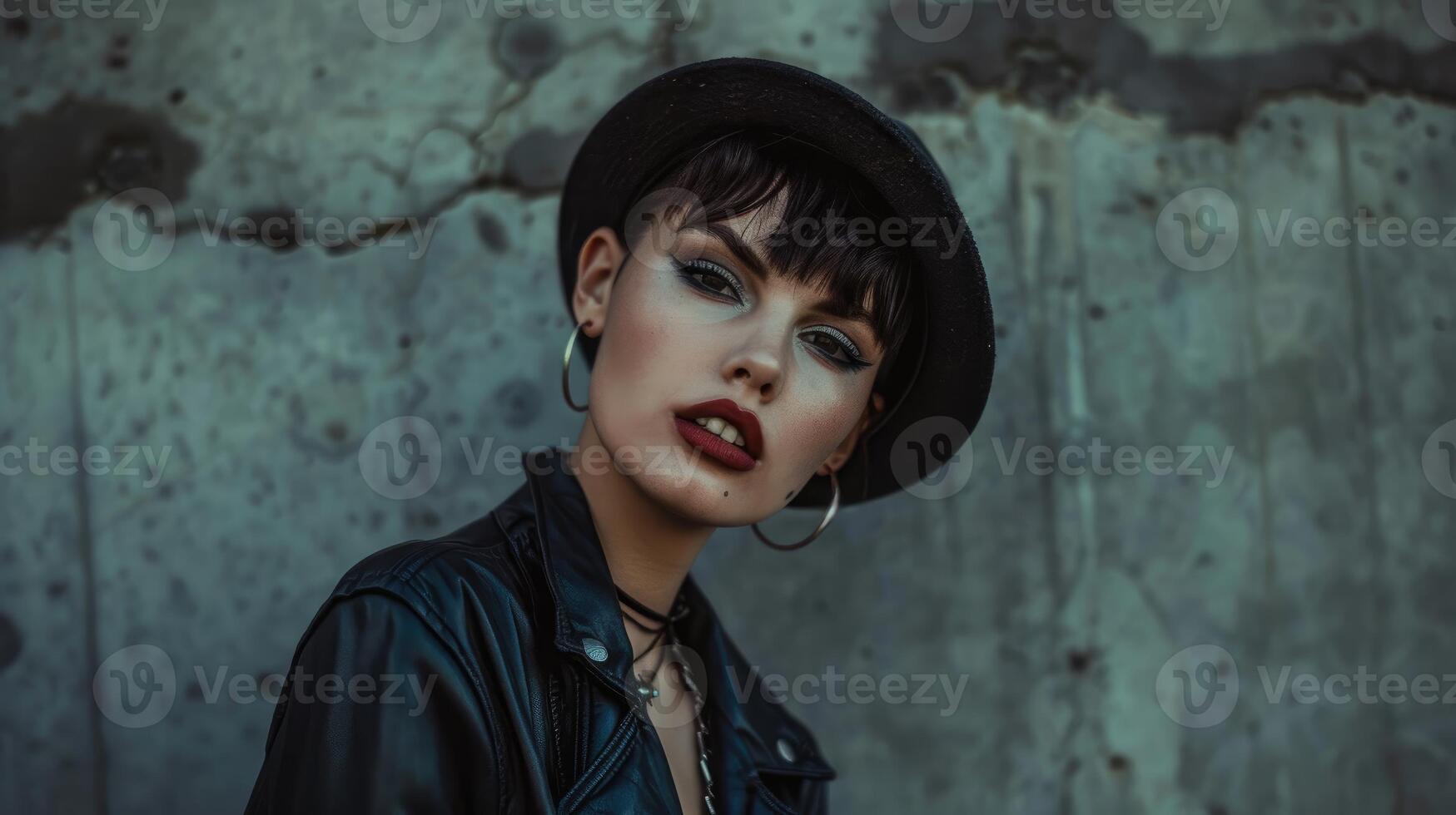 Confident Youth Bold Makeup Leather Jacket Black Hat Pose photo