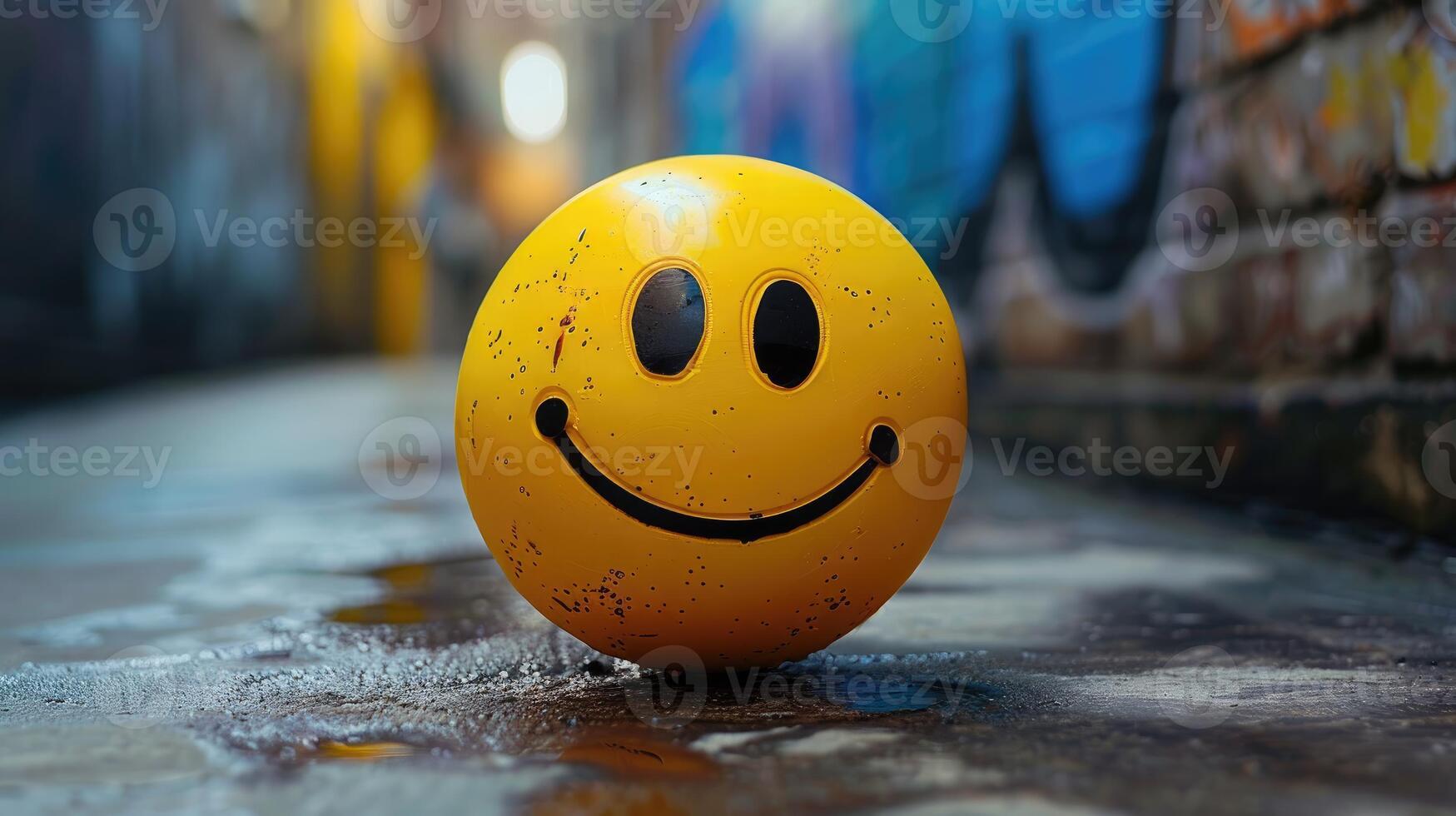 Happy Yellow Ball in GraffitiCovered Alleyway photo