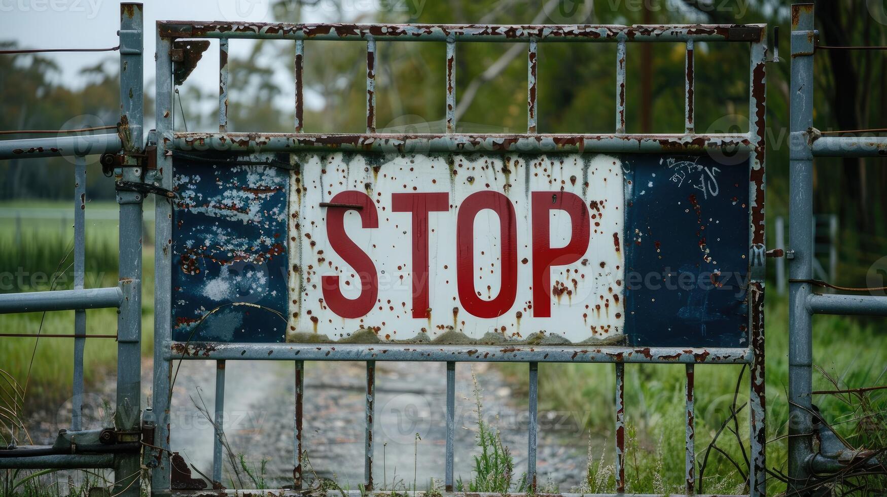 Neglected STOP Sign Gate Blocks Overgrown Gravel Path Access photo